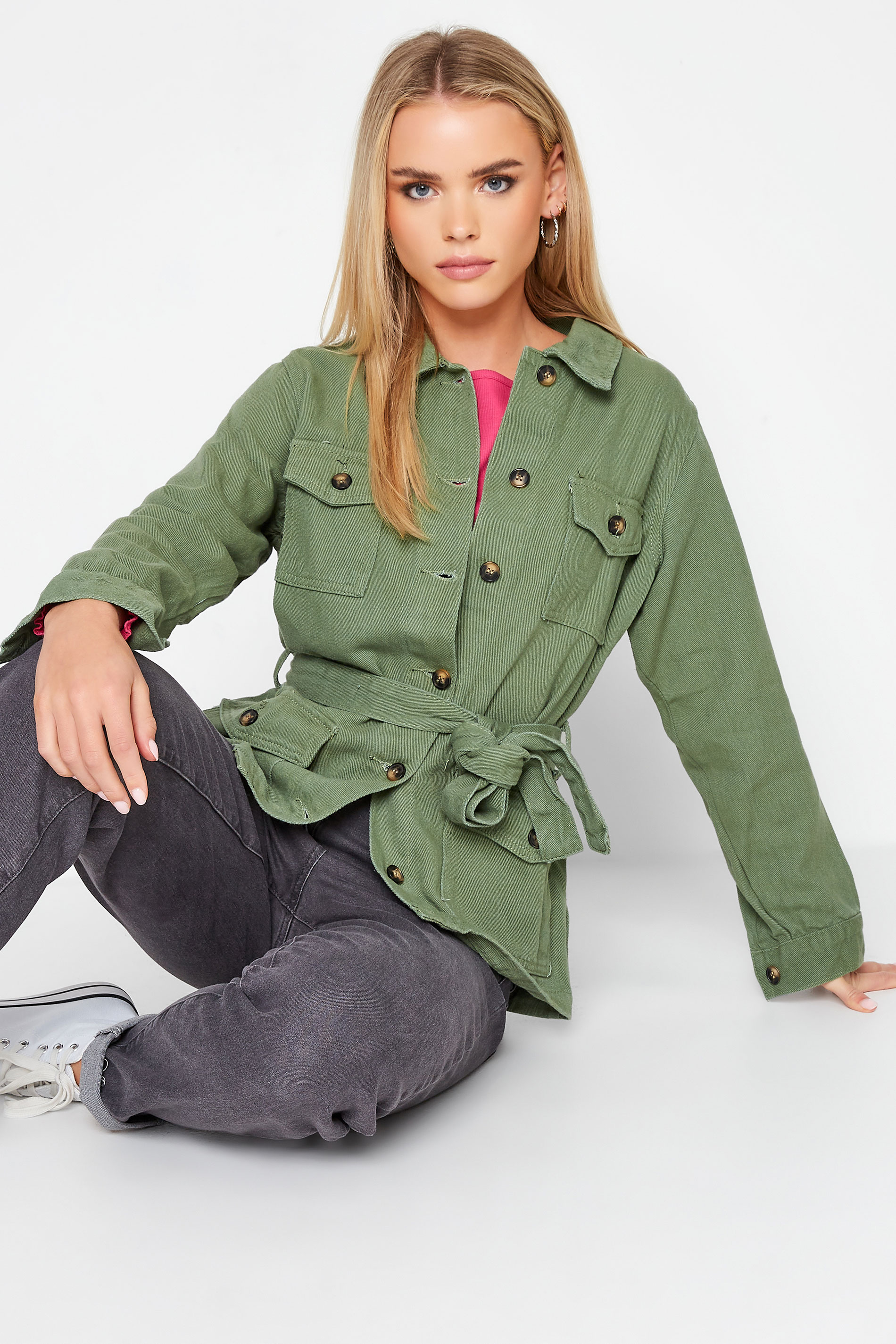 Petite Khaki Green Belted Utilty Jacket | PixieGirl 1