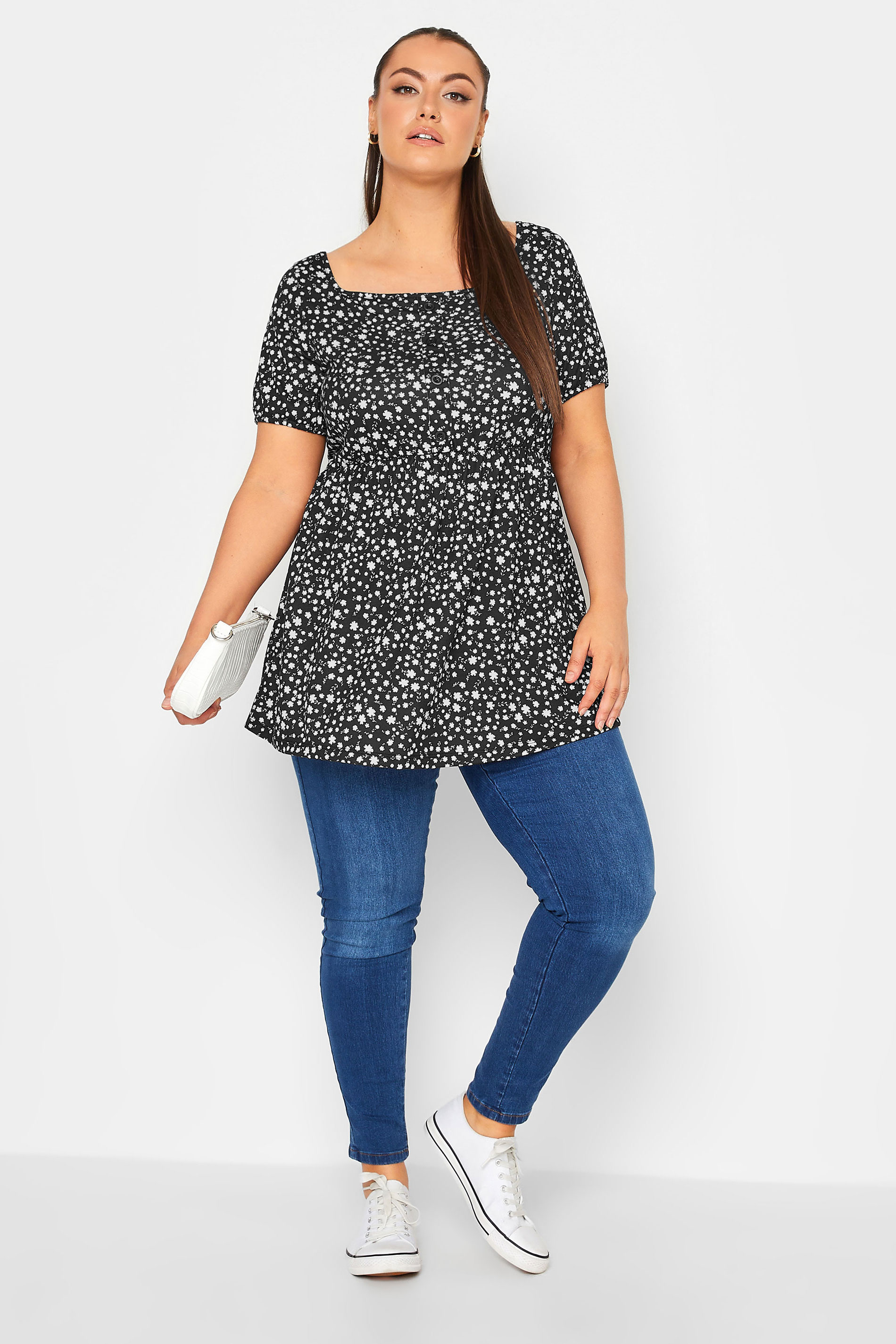YOURS Plus Size Black Floral Print Square Neck Top | Yours Clothing 2