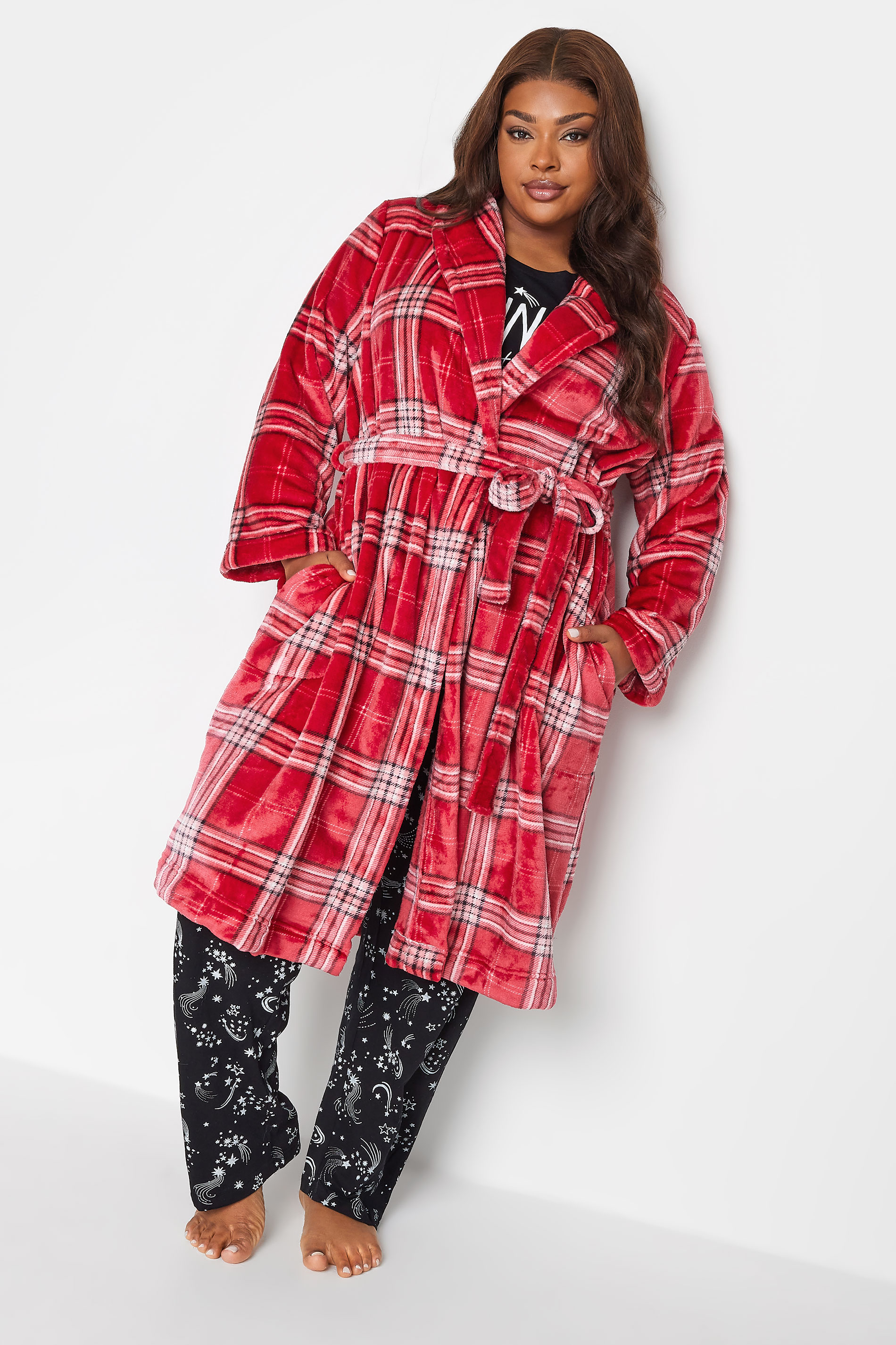 YOURS Plus Size Red Check Print Shawl Collar Dressing Gown | Yours Clothing 1