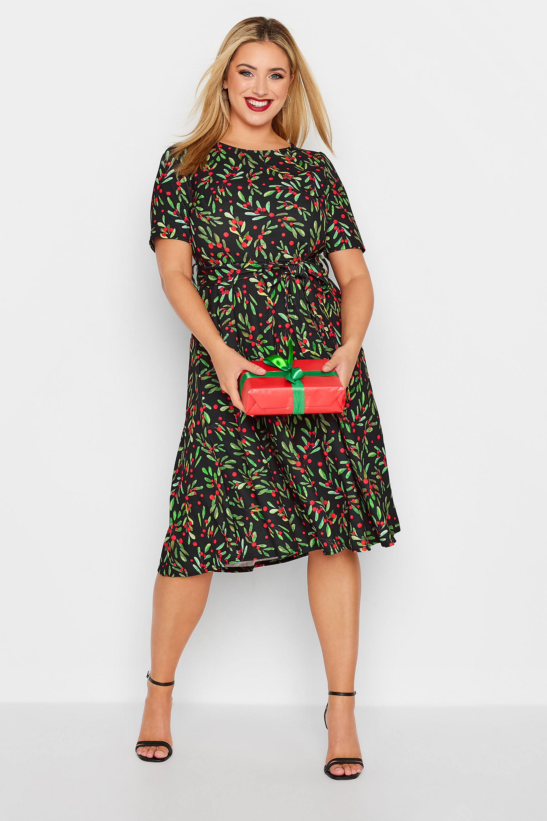 YOURS LONDON Plus Size Black Winter Berry Christmas Skater Dress | Yours Clothing 1