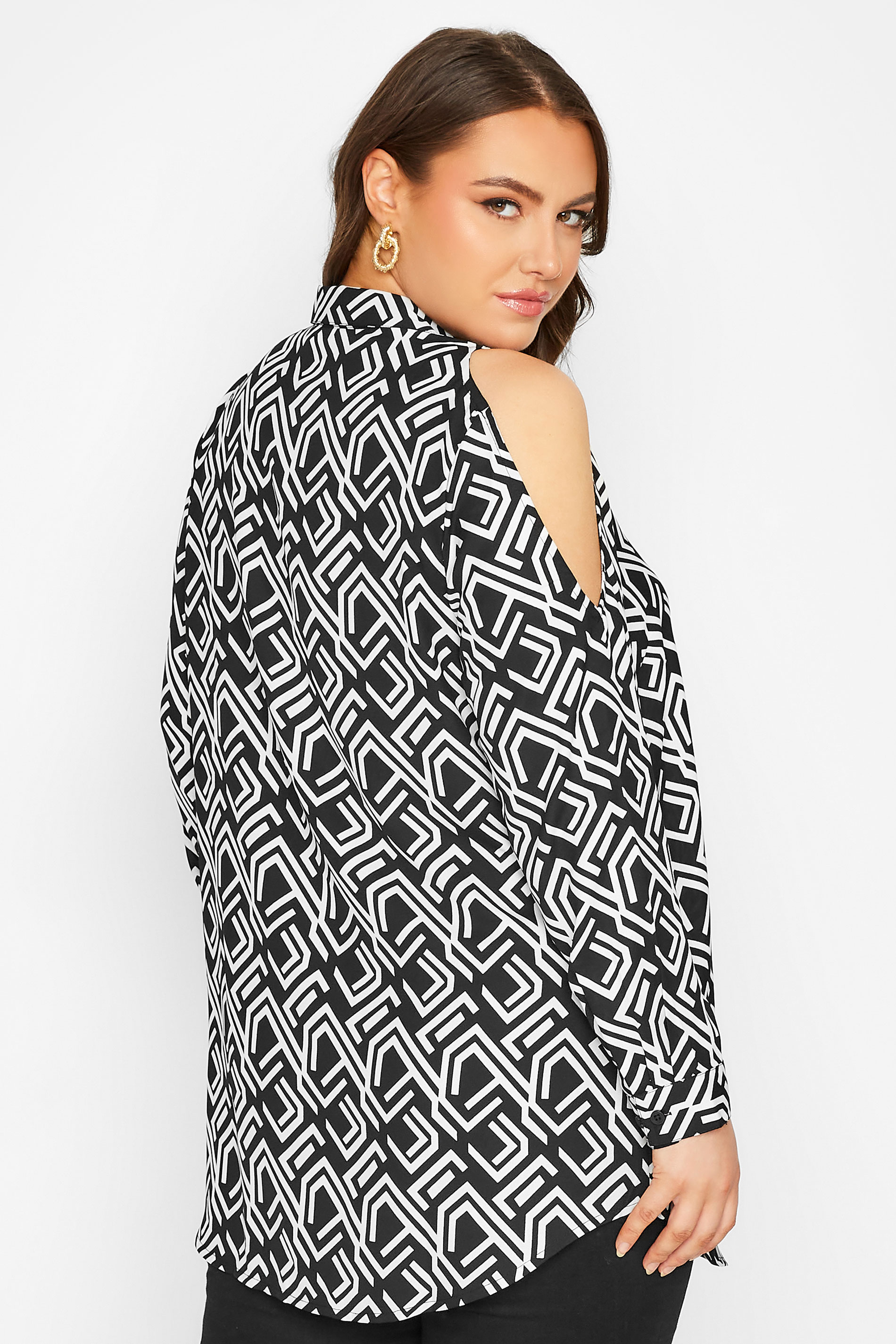 Plus Size Black Geometric Print Cold Shoulder Shirt | Yours Clothing 3