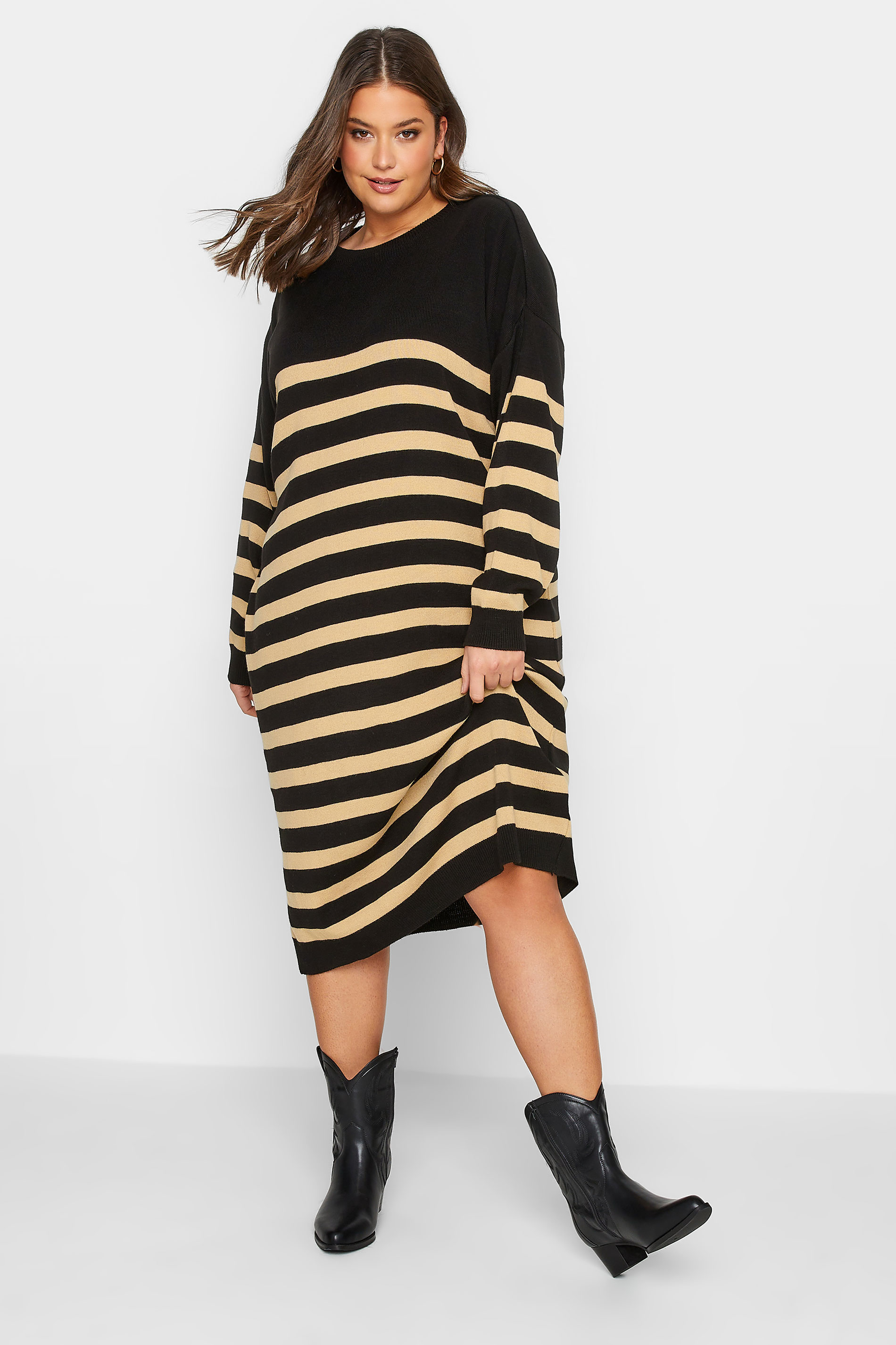 Plus Size Black & Beige Brown Stripe Jumper Dress | Yours Clothing 1