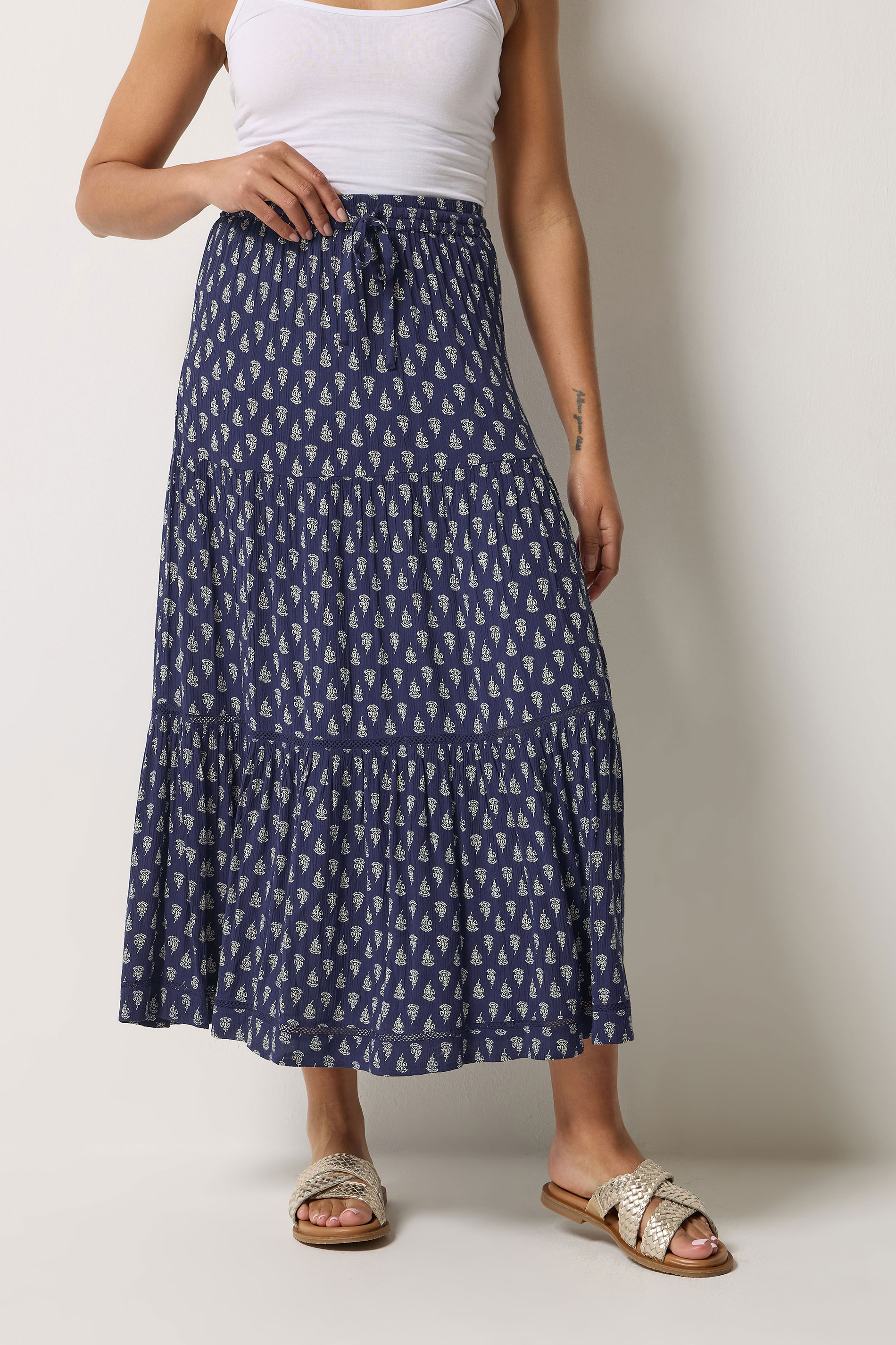 M&Co Navy Blue Aztec Print Tiered Maxi Skirt | M&Co 3