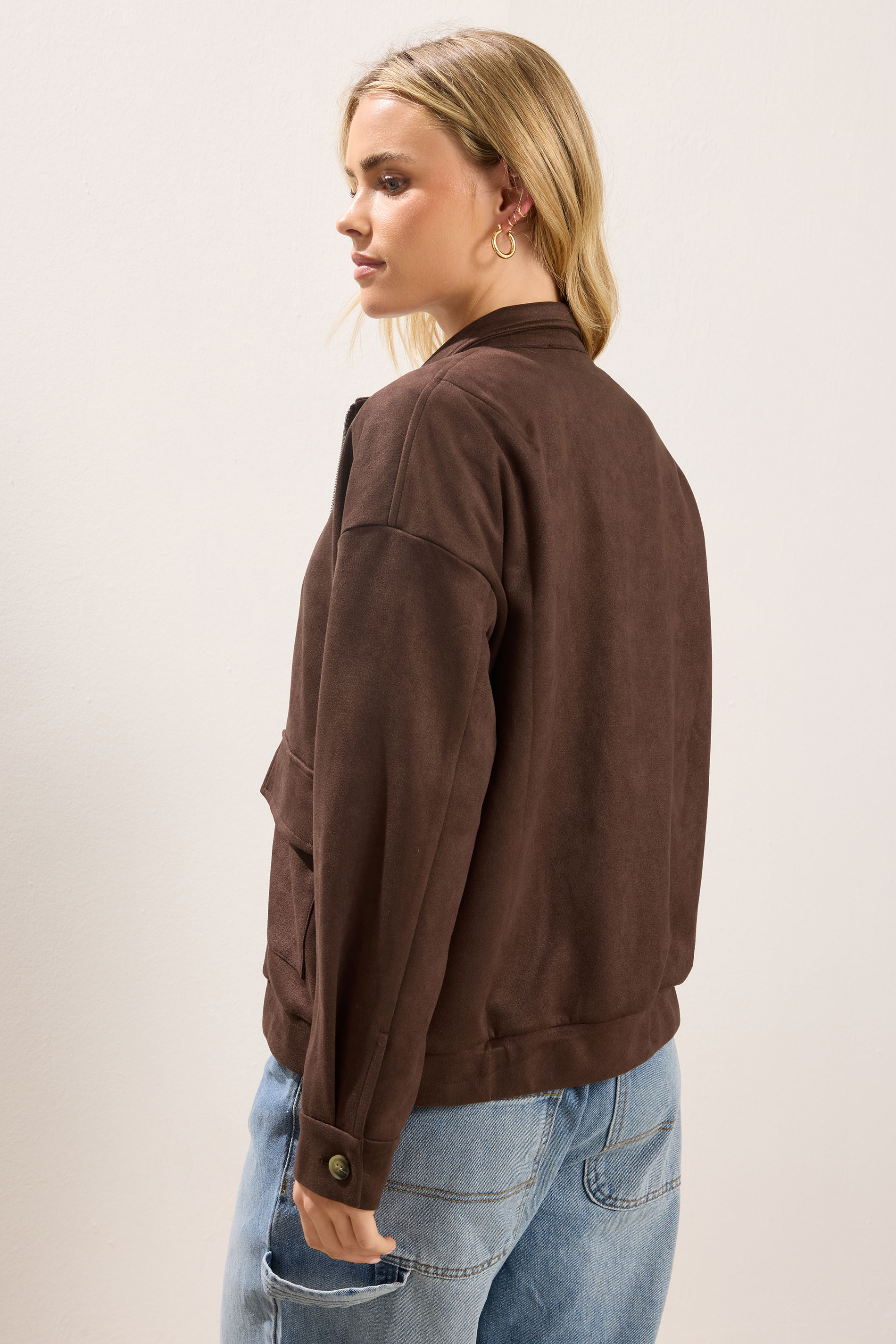 PixieGirl Petite Women's Chocolate Brown Faux Suede Bomber Jacket | PixieGirl 2