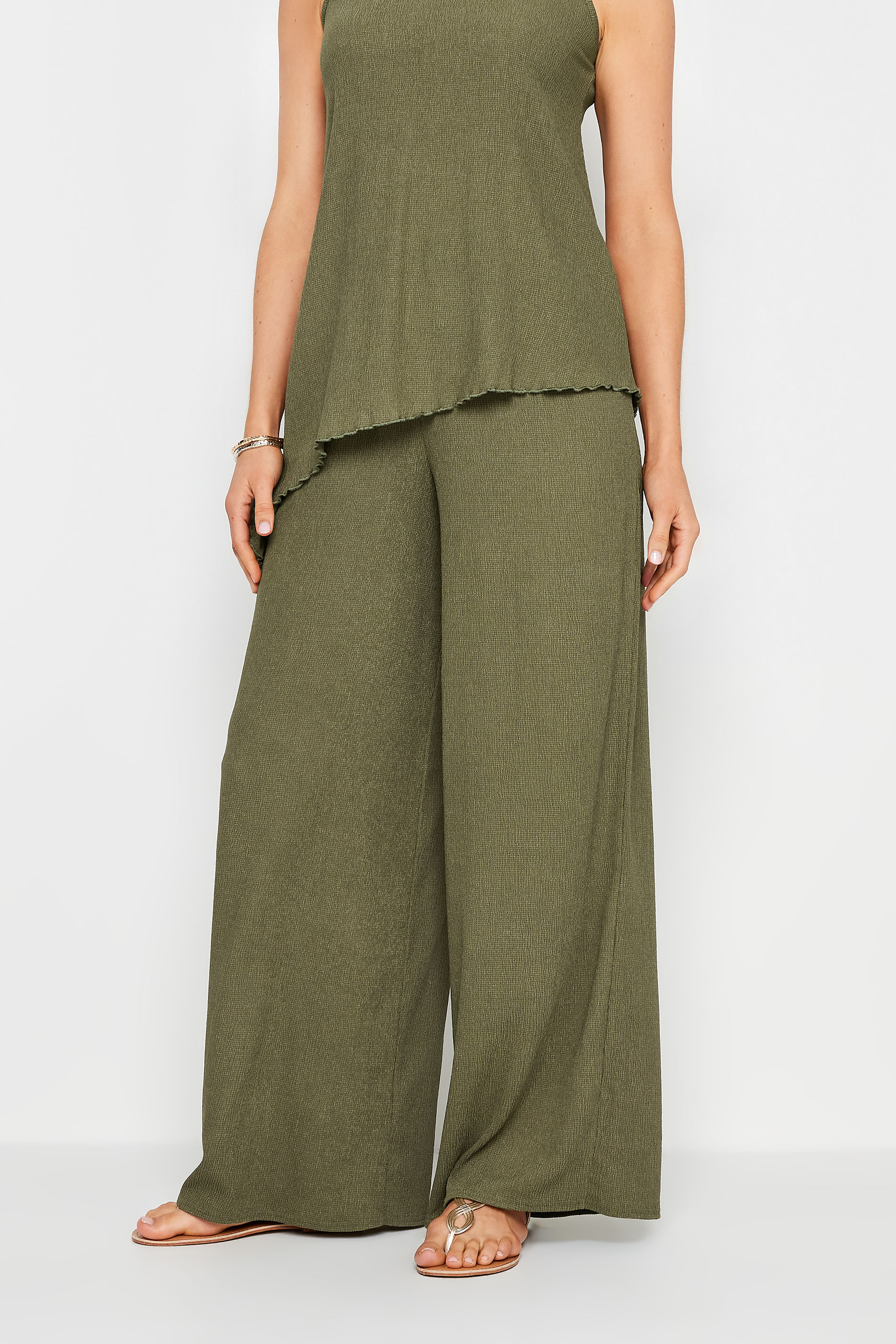 LTS Tall Women's Khaki Green Textured Wide Leg Trousers | Long Tall Sally  2