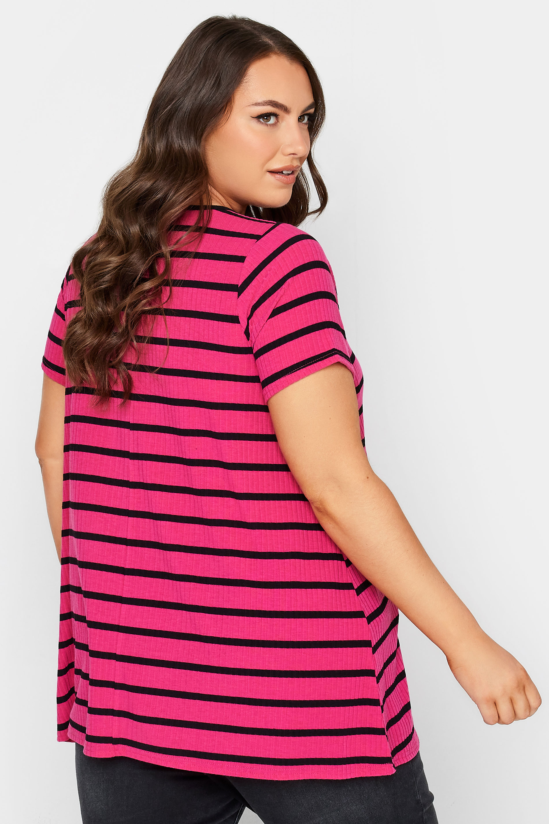 YOURS Curve Plus Size Hot Pink Stripe Ribbed Swing T-Shirt | Yours Clothing  3
