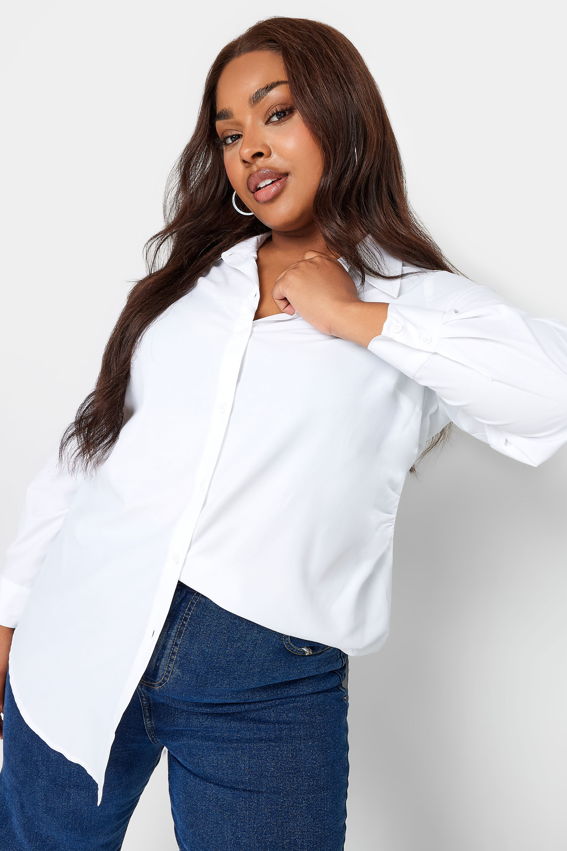 YOURS Plus Size White Long Sleeve Ruched Shirt | Yours Clothing 1
