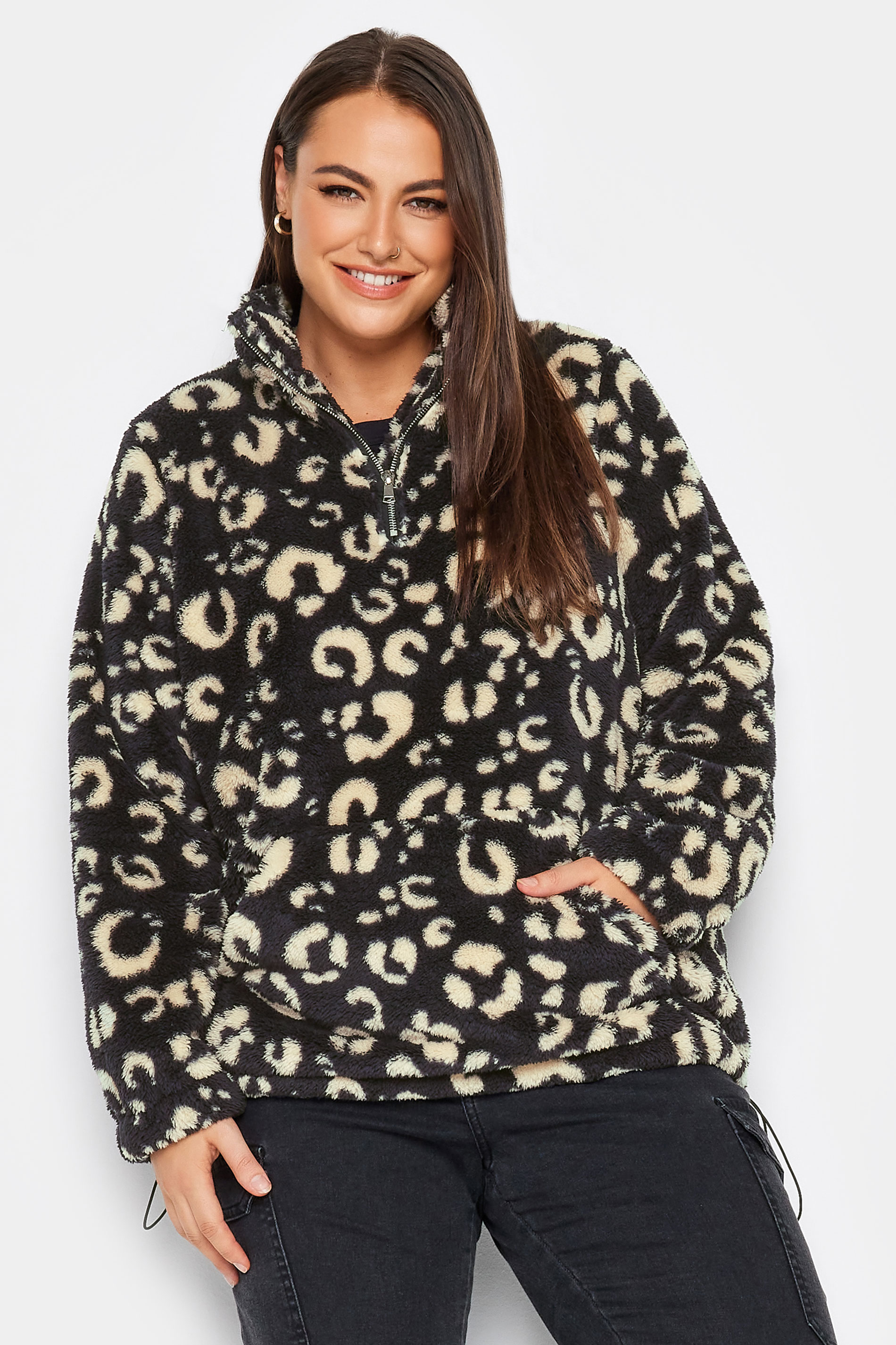 YOURS Plus Size Black Leopard Print Half Zip Fleece Sweatshirt | Yours Clothing 2