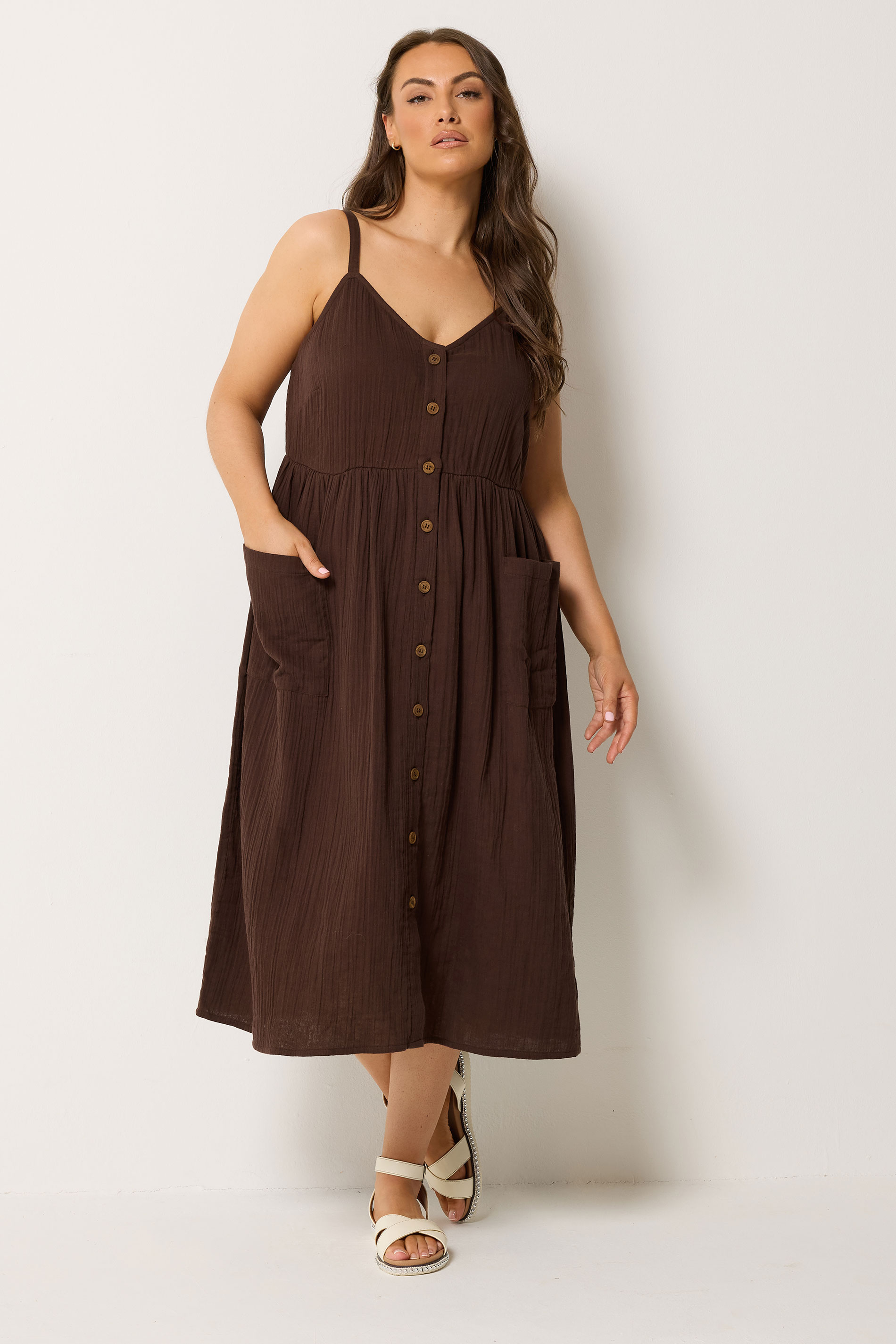 YOURS Plus Size Chocolate Brown Cheesecloth Sundress | Yours Clothing 3