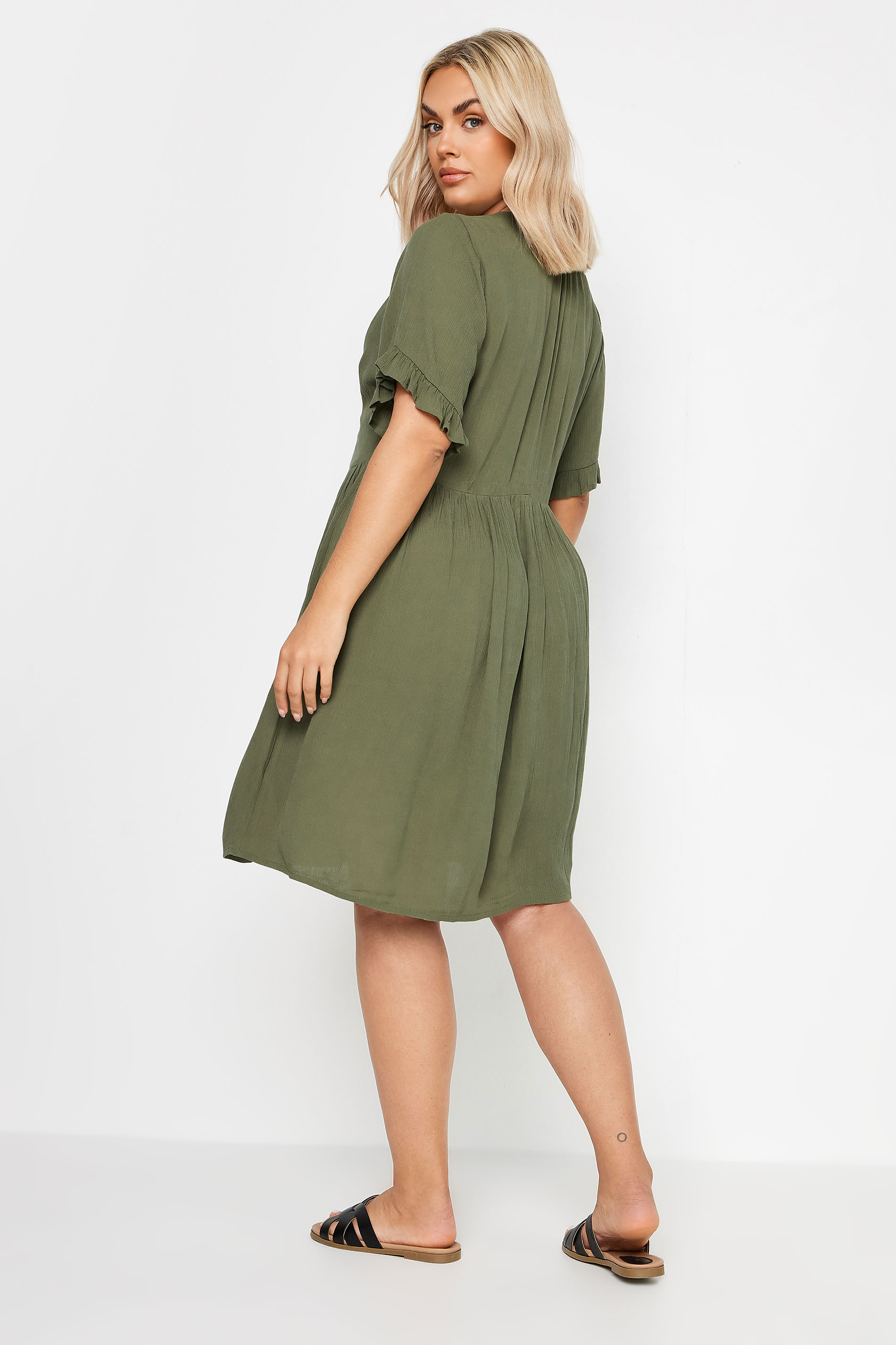 YOURS Plus Size Khaki Green Crinkle Tie Neck Dress | Yours Clothing 3