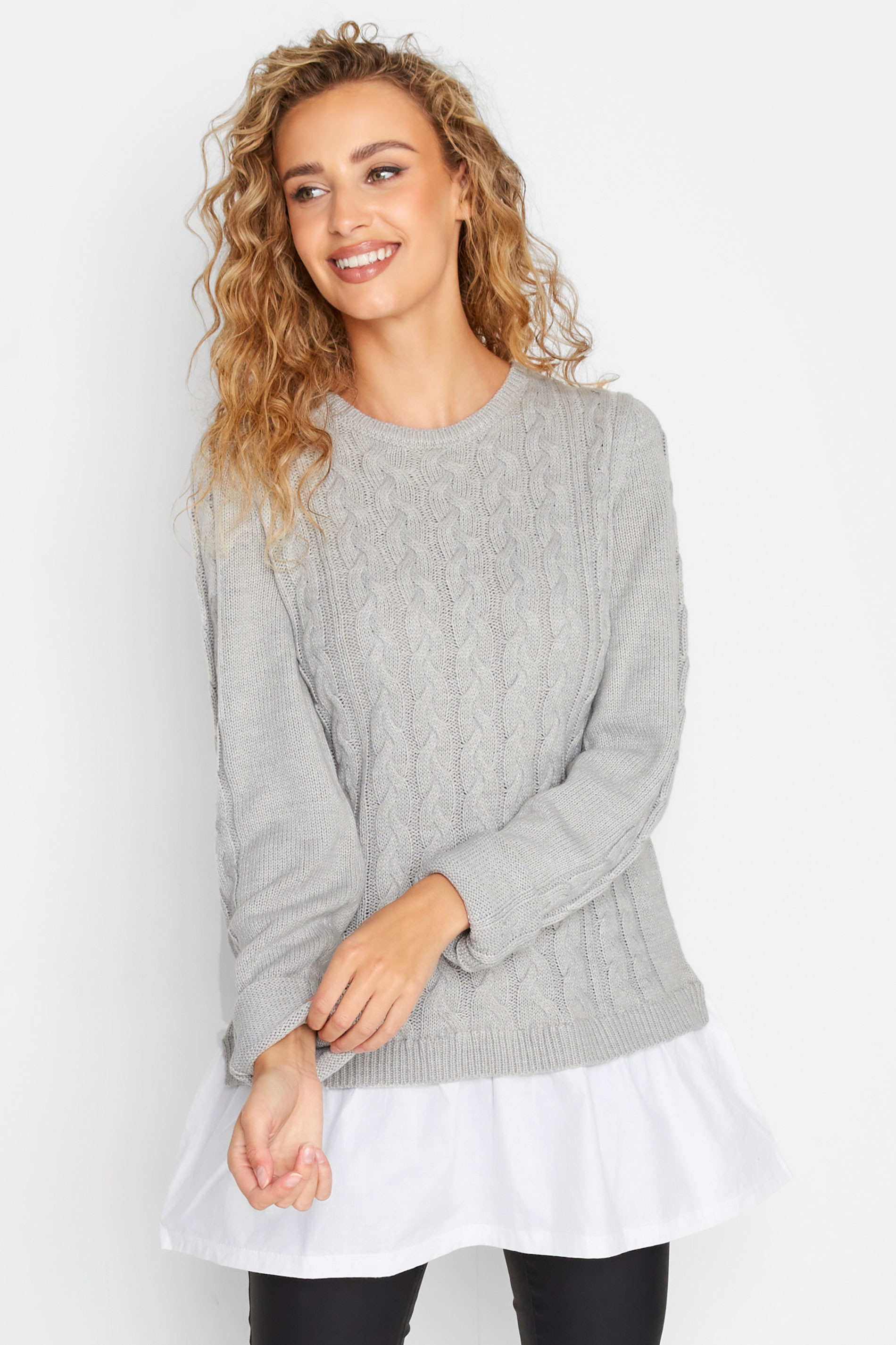 LTS Tall Grey 2 In 1 Cable Knit Shirt Jumper 1