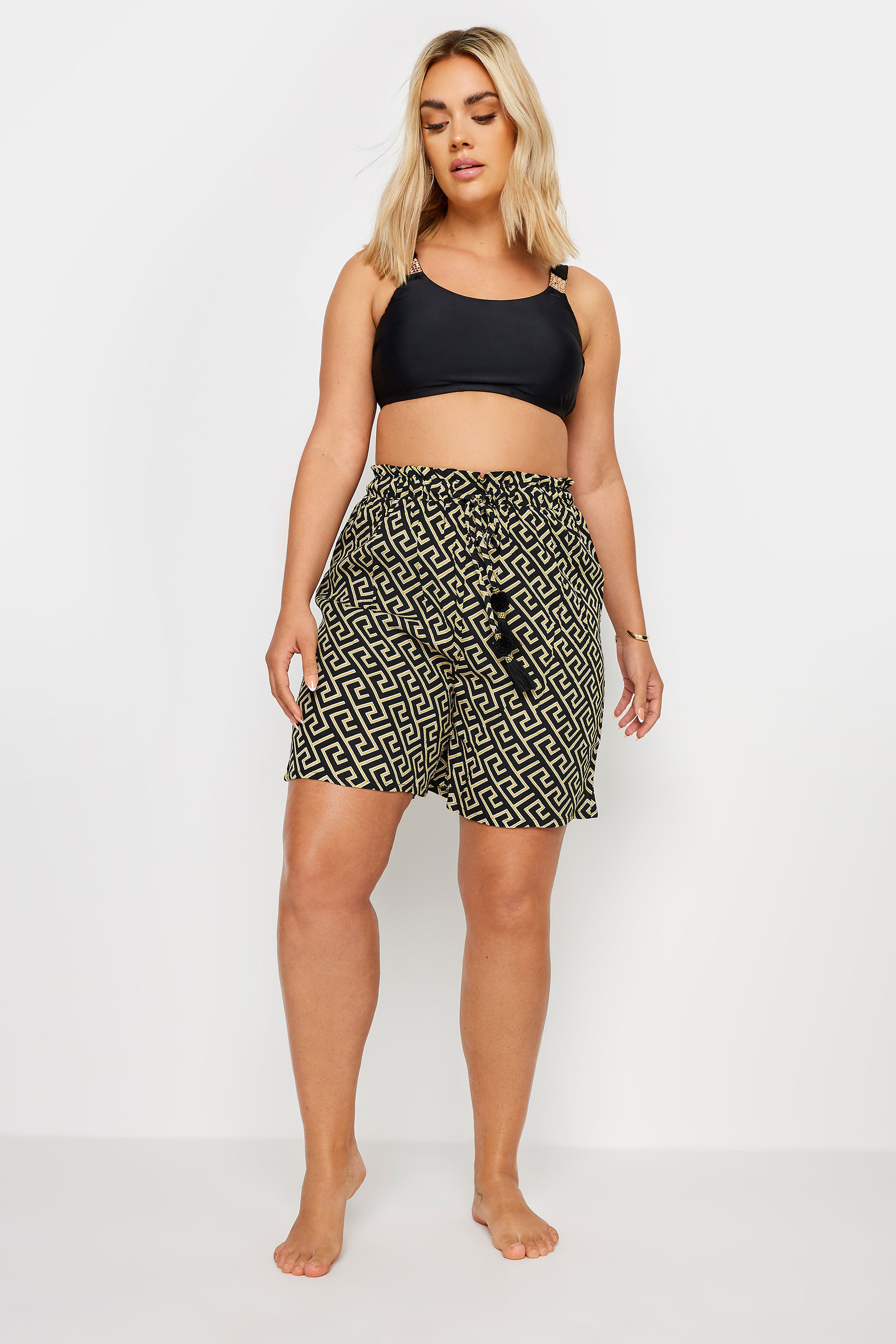 YOURS Plus Size Black Geometric Print Tassel Shorts | Yours Clothing 3