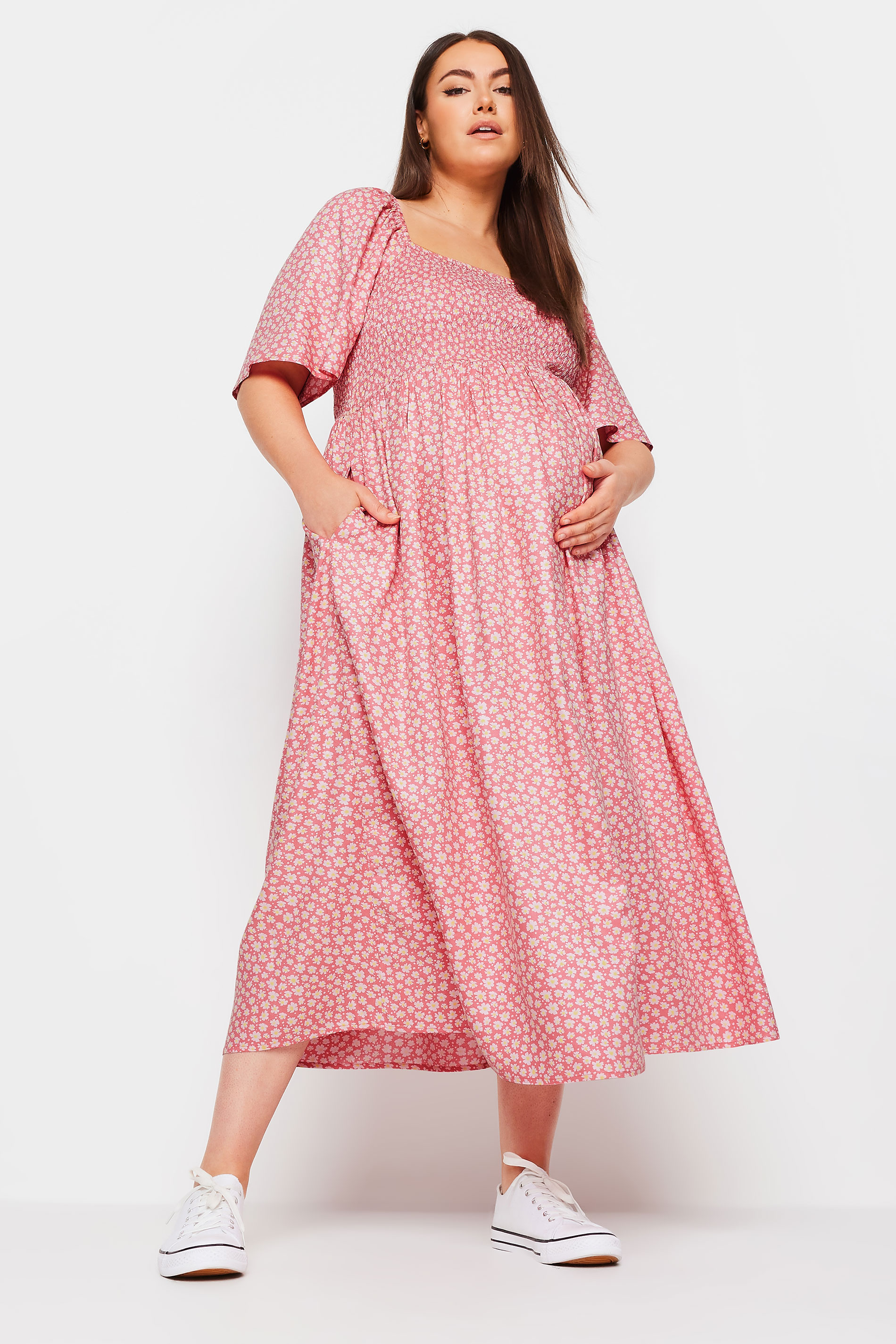 BUMP IT UP MATERNITY Plus Size Pink Floral Print Midaxi Dress | Yours Clothing 2