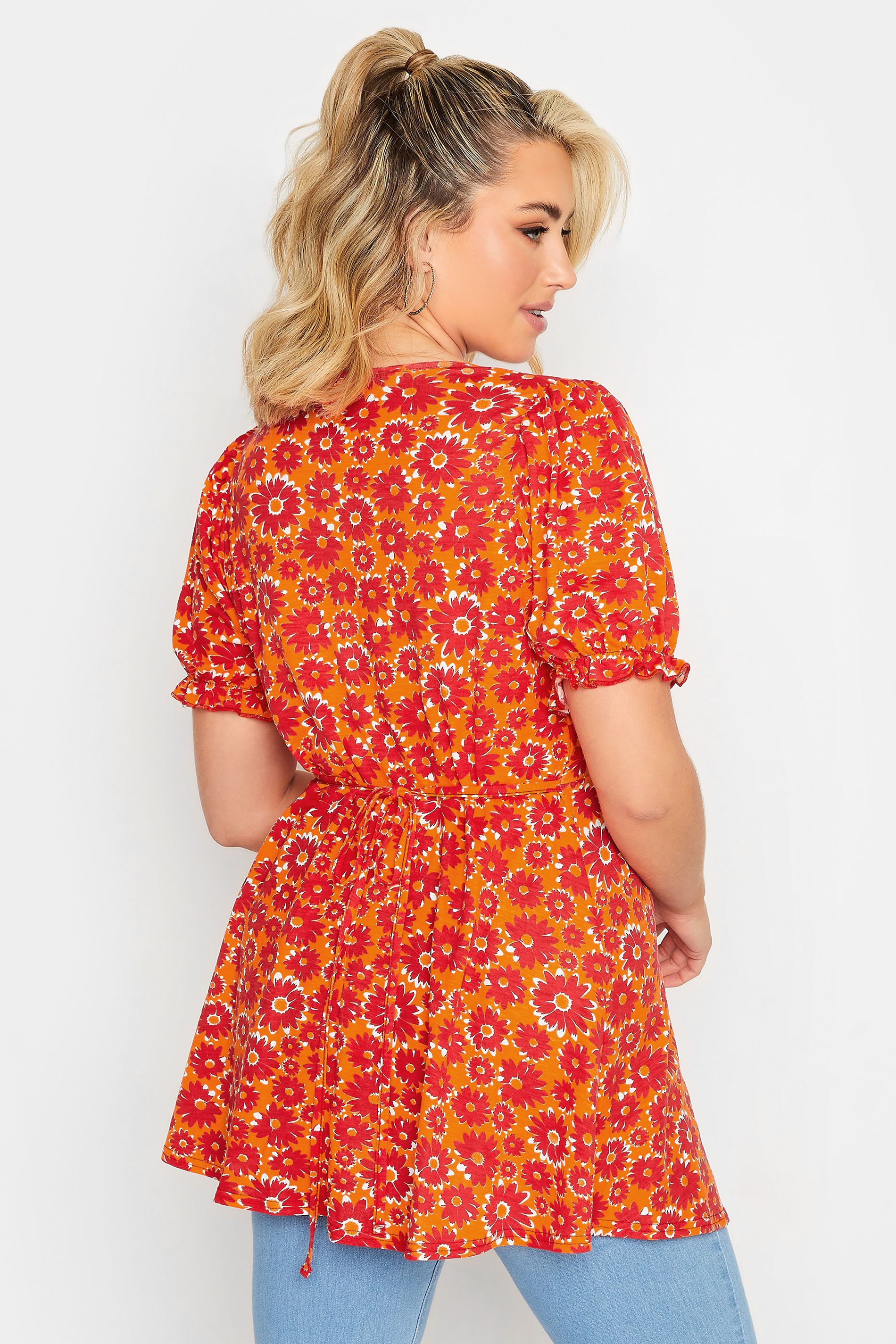 LIMITED COLLECTION Plus Size Orange Floral Frill Sleeve Top | Yours Clothing 3