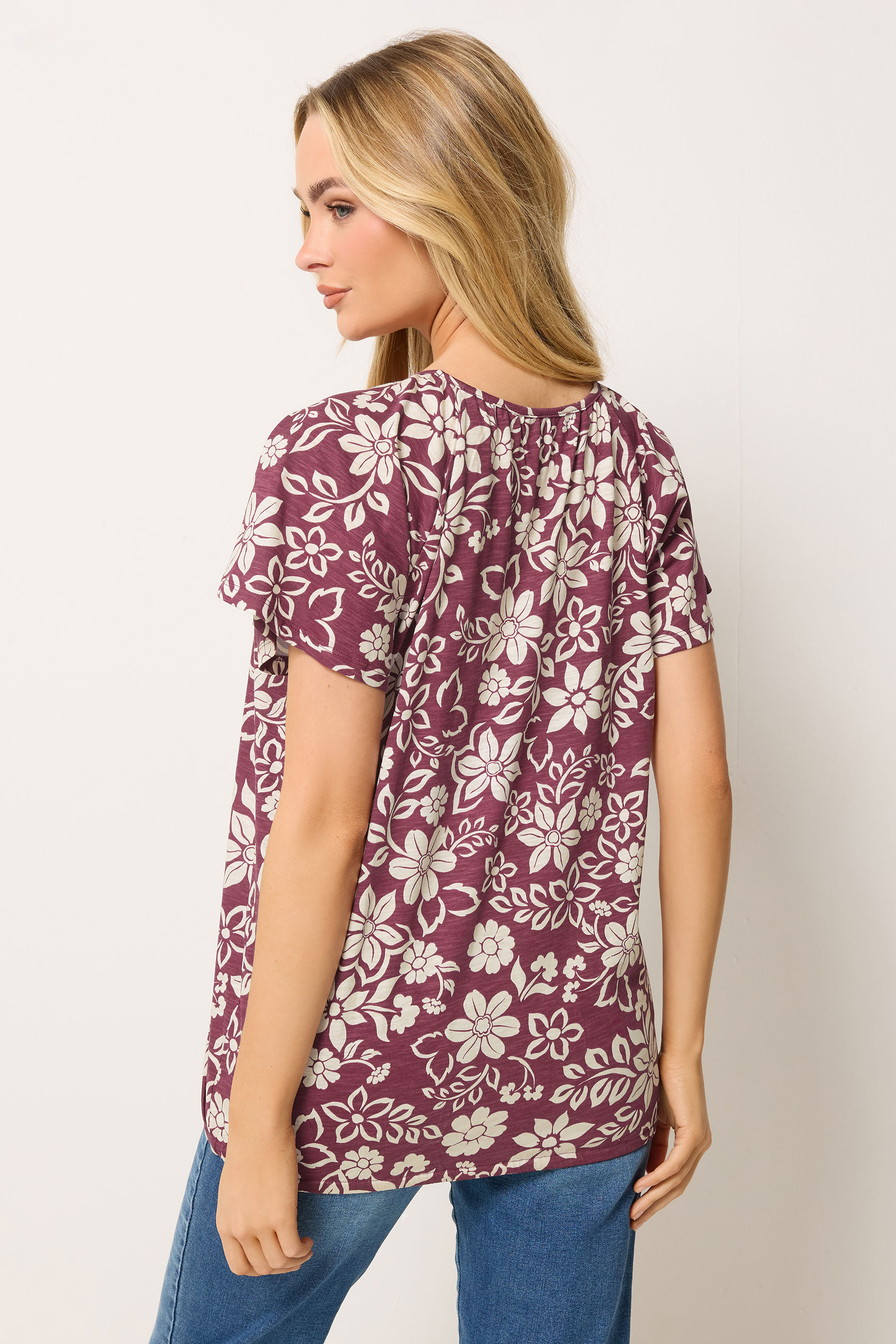 M&Co Berry Red Floral Cotton Scoop Neck Top | M&Co 2