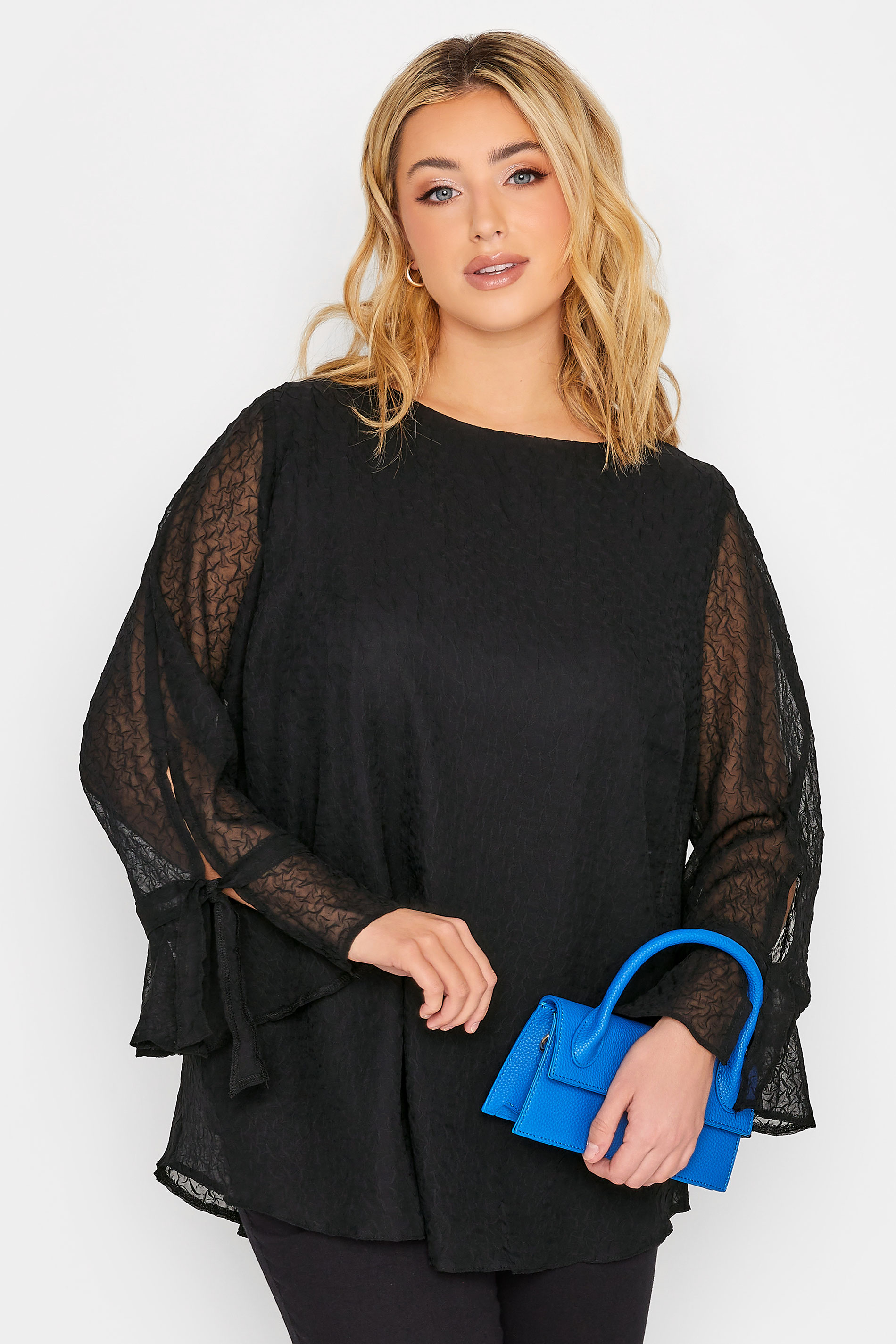 YOURS Plus Size Curve Black Sheer Bell Sleeve Blouse | Yours Clothing  1