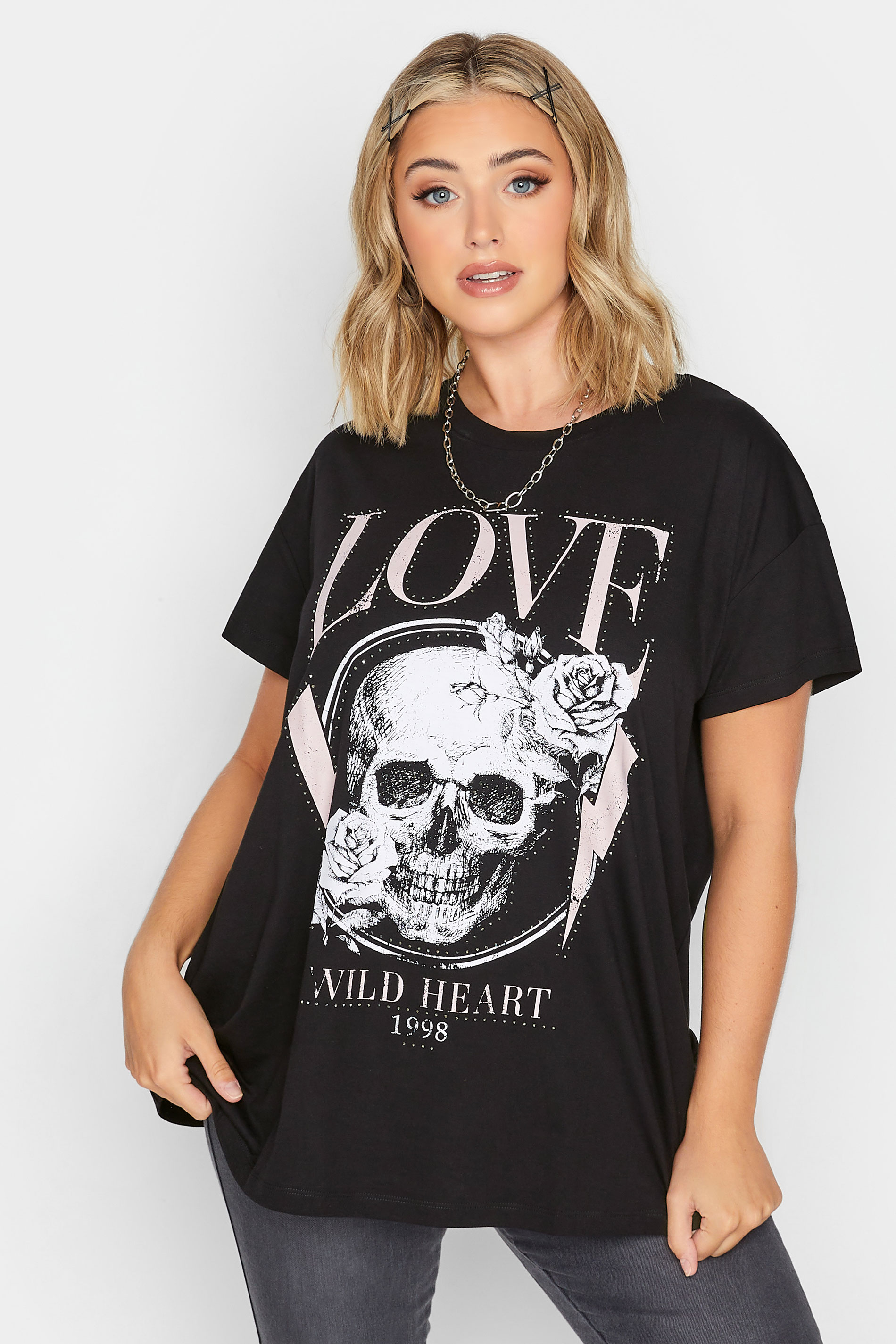 YOURS Plus Size Black Skull Print 'Love' T-Shirt | Yours Clothing 1