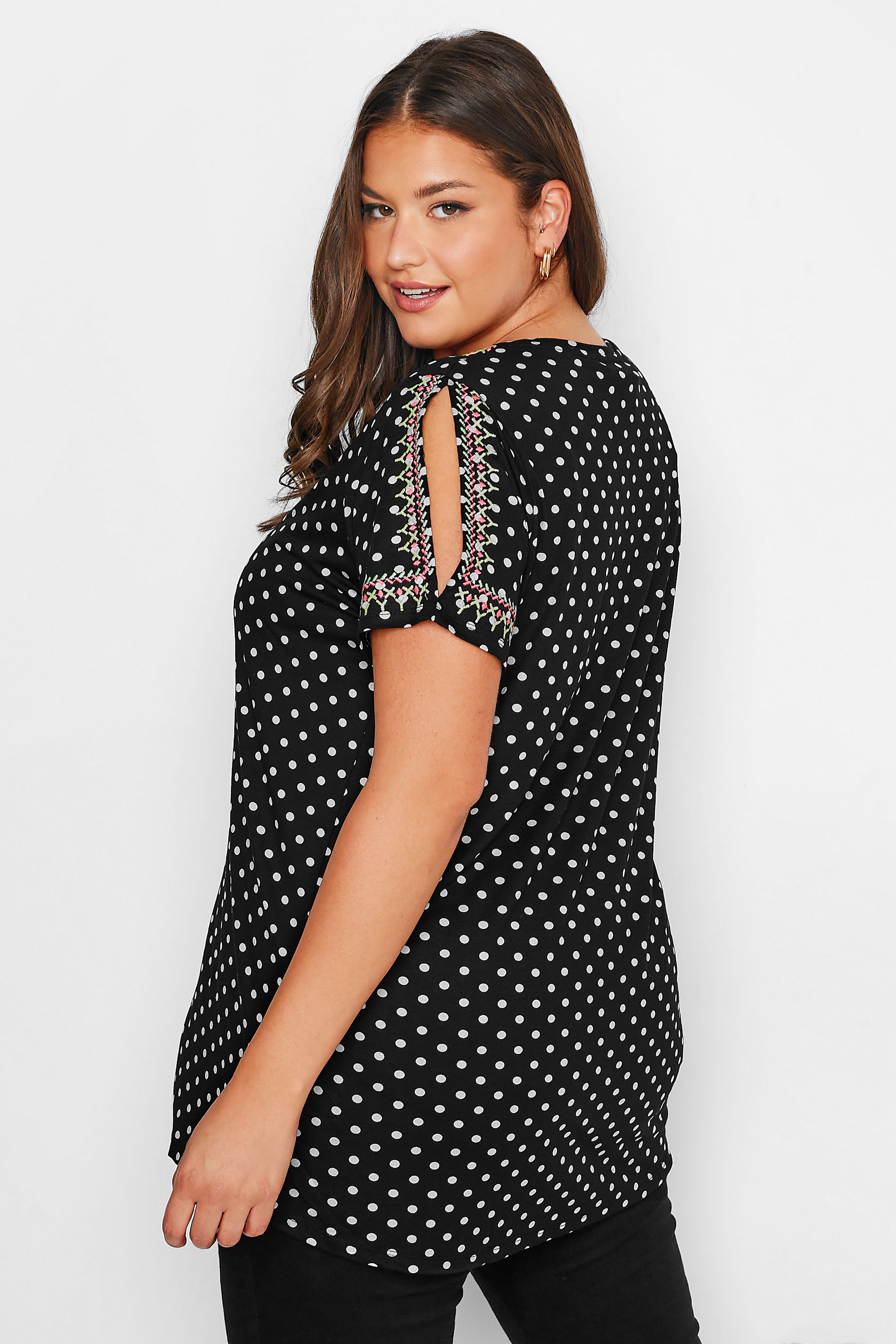 Plus Size Black Spot Print Embroidered Tie Neck Top | Yours Clothing  3