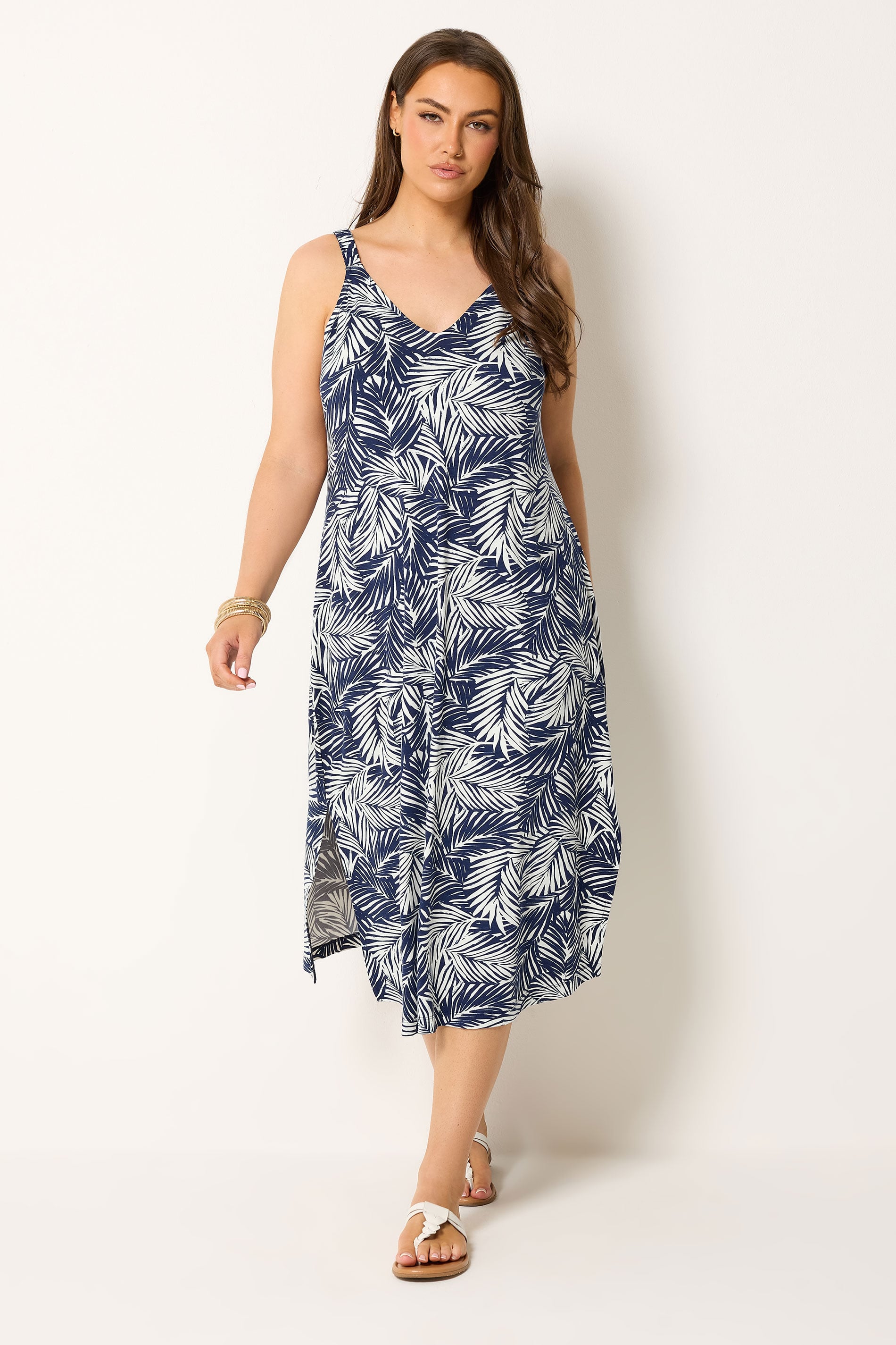 YOURS Plus Size Navy Blue Palm Leaf Throw On Dress | Yours Clothing 1