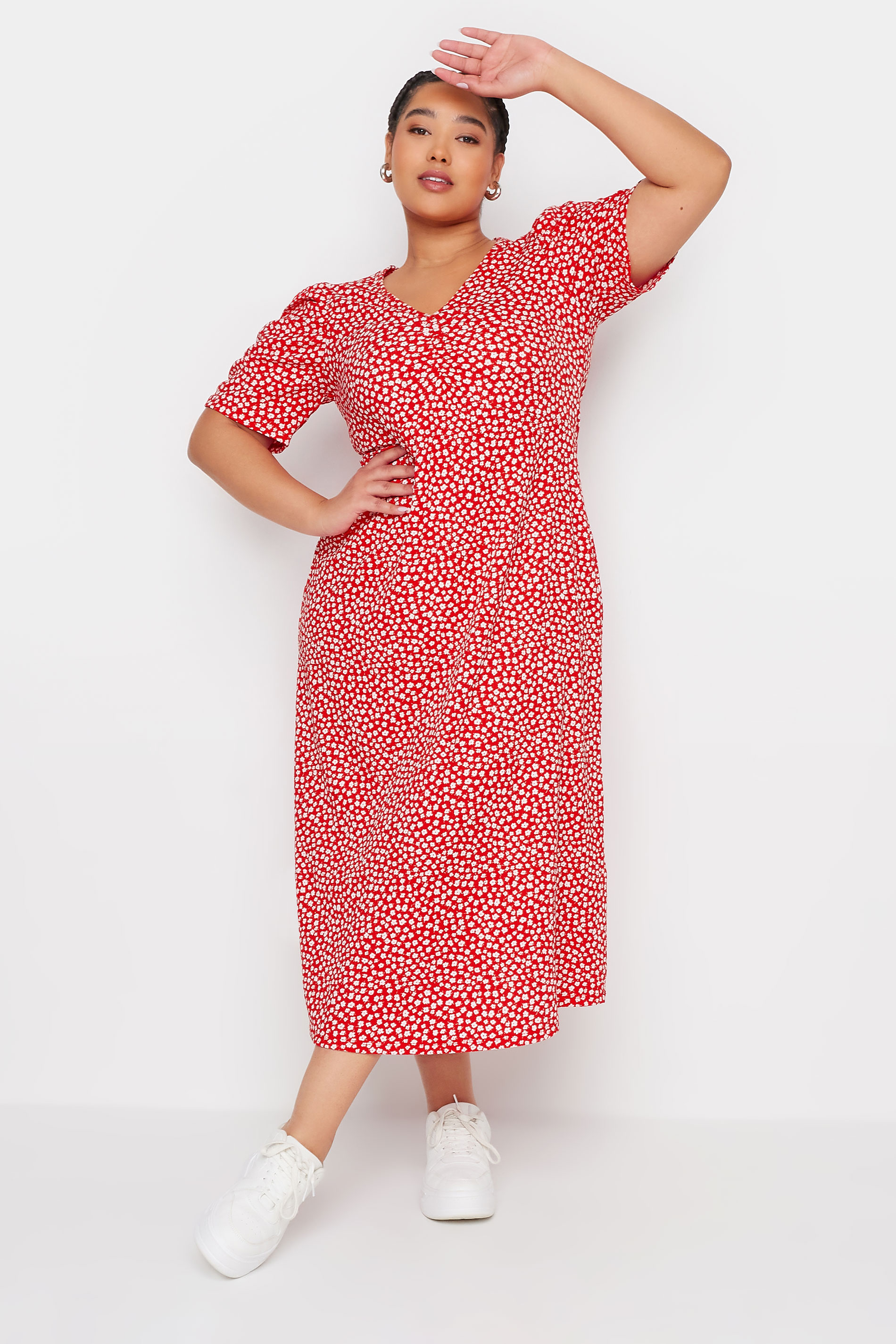 YOURS Plus Size Red Floral Print Textured Milkmaid Dress | Yours Clothing 2