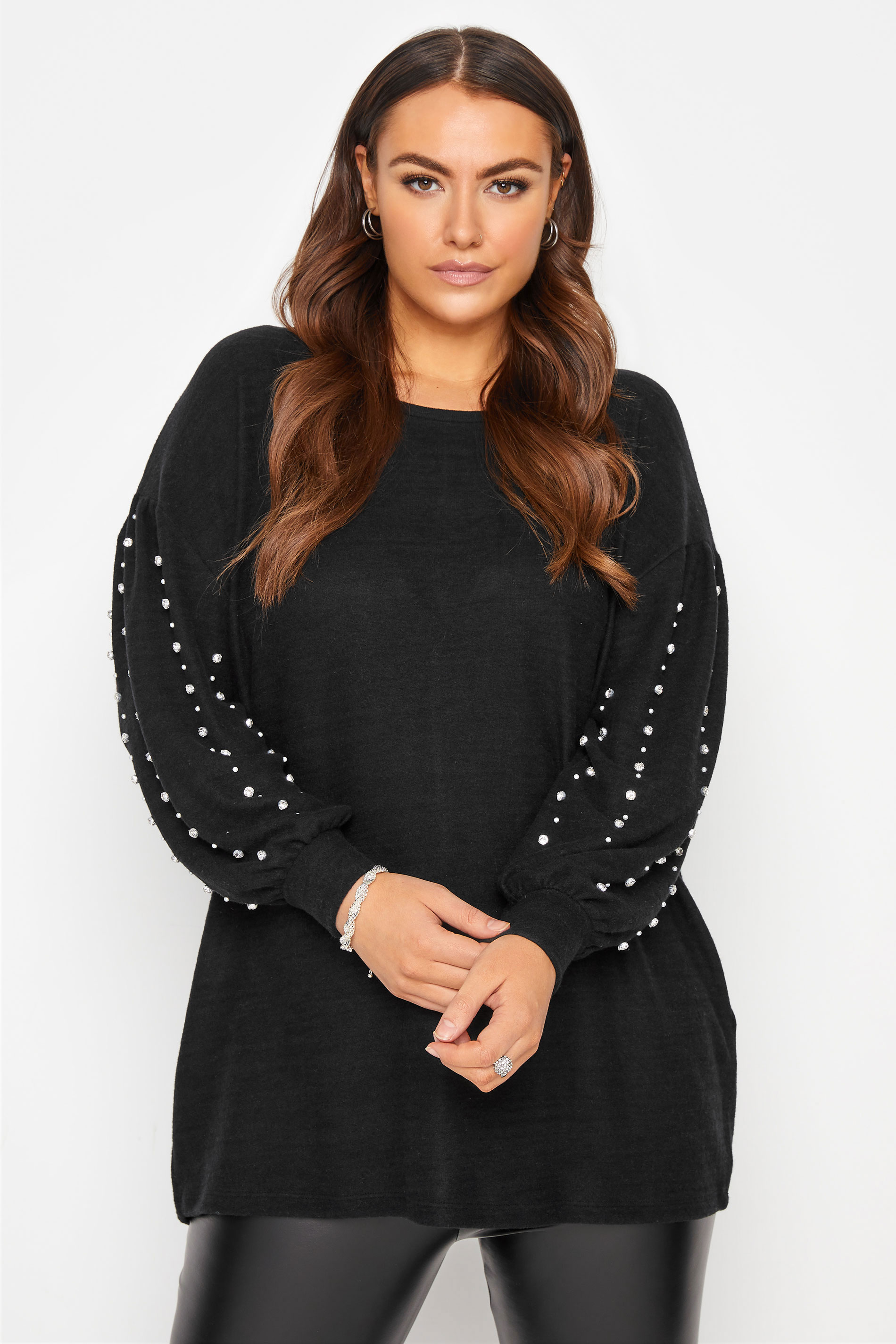 Plus Size Black Embellished Balloon Sleeve Knitted Jumper | Yours Clothing 1