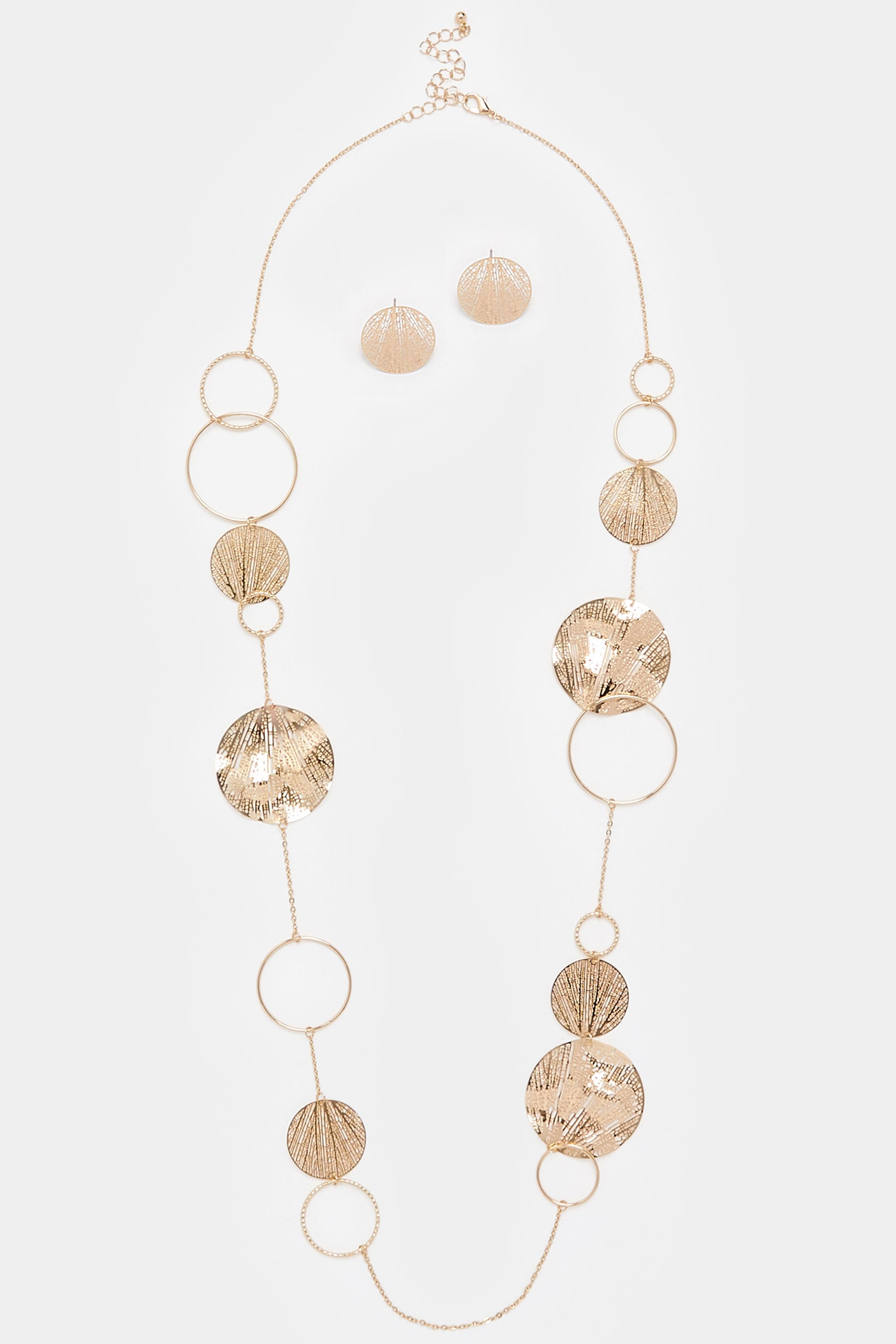 Gold Tone Long Circle Necklace & Earrings Set | Yours Clothing 3