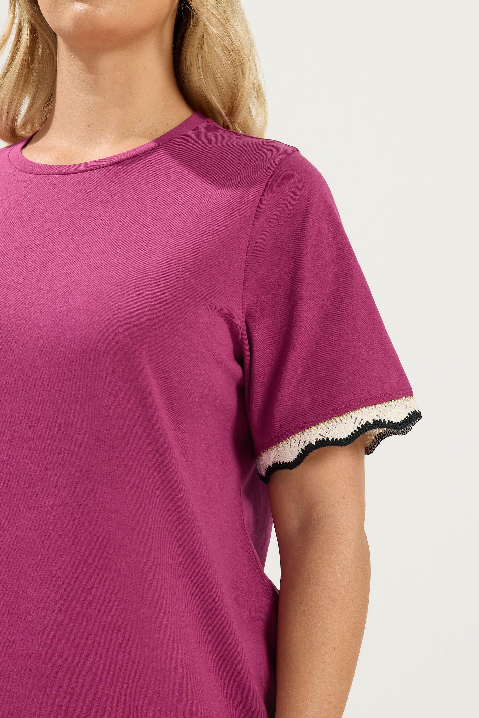 YOURS Plus Size Dark Pink Metallic Crochet Trim T-Shirt | Yours Clothing  4