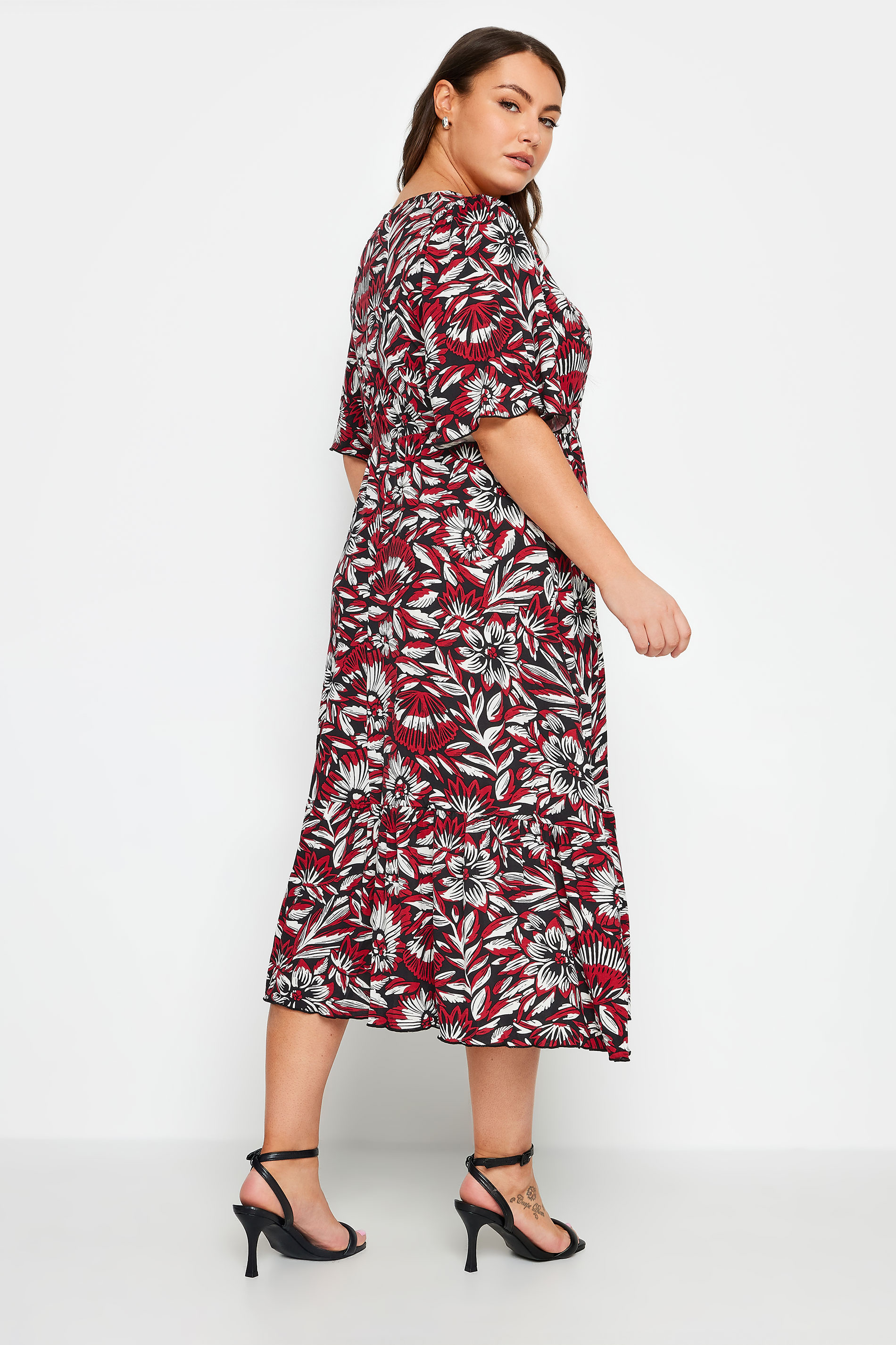 YOURS Plus Size Red Floral Print Angel Sleeve Midi Dress | Yours Clothing 3