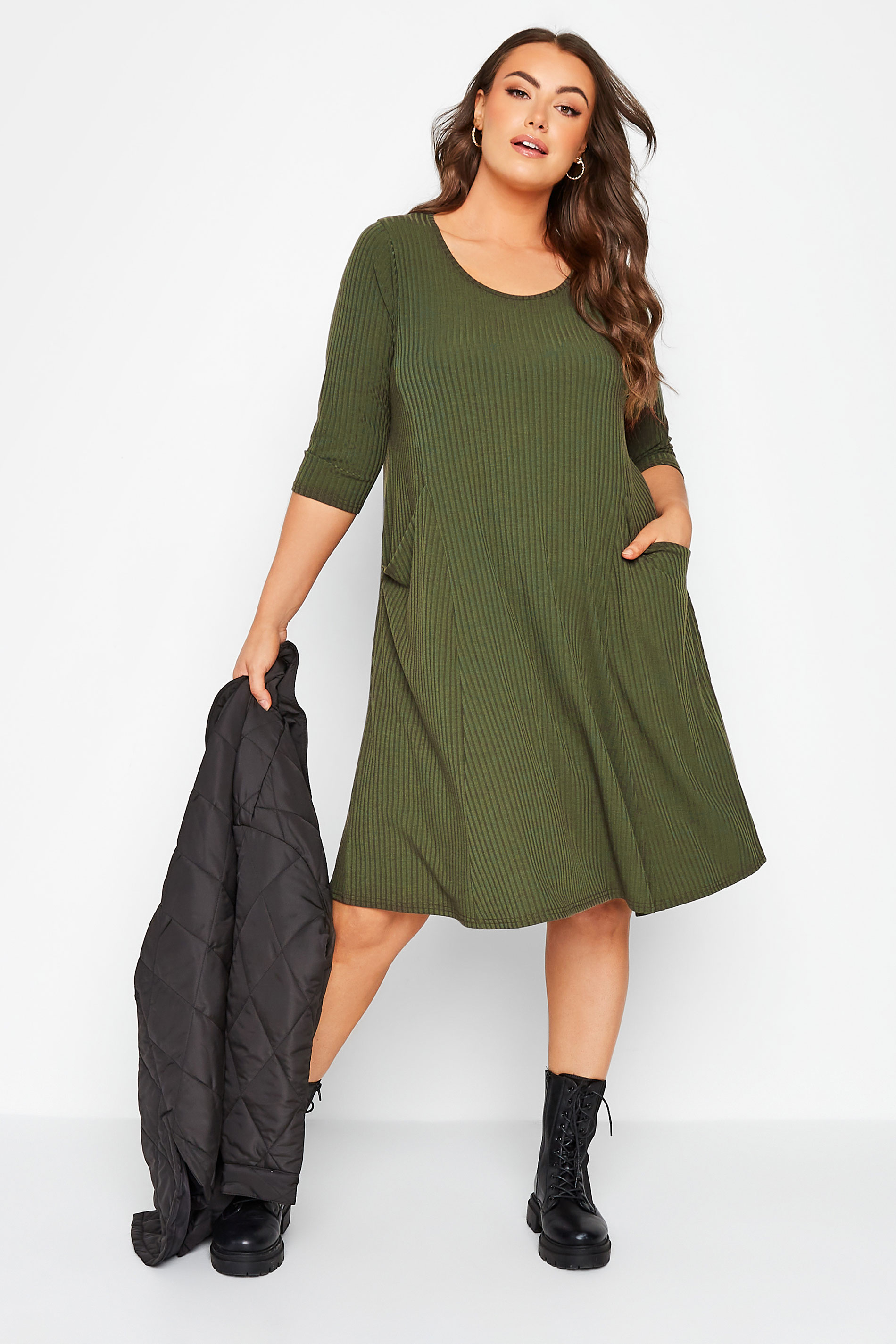 Curve Khaki Green Ribbed Drape Pocket Dress | Yours Clothing 1