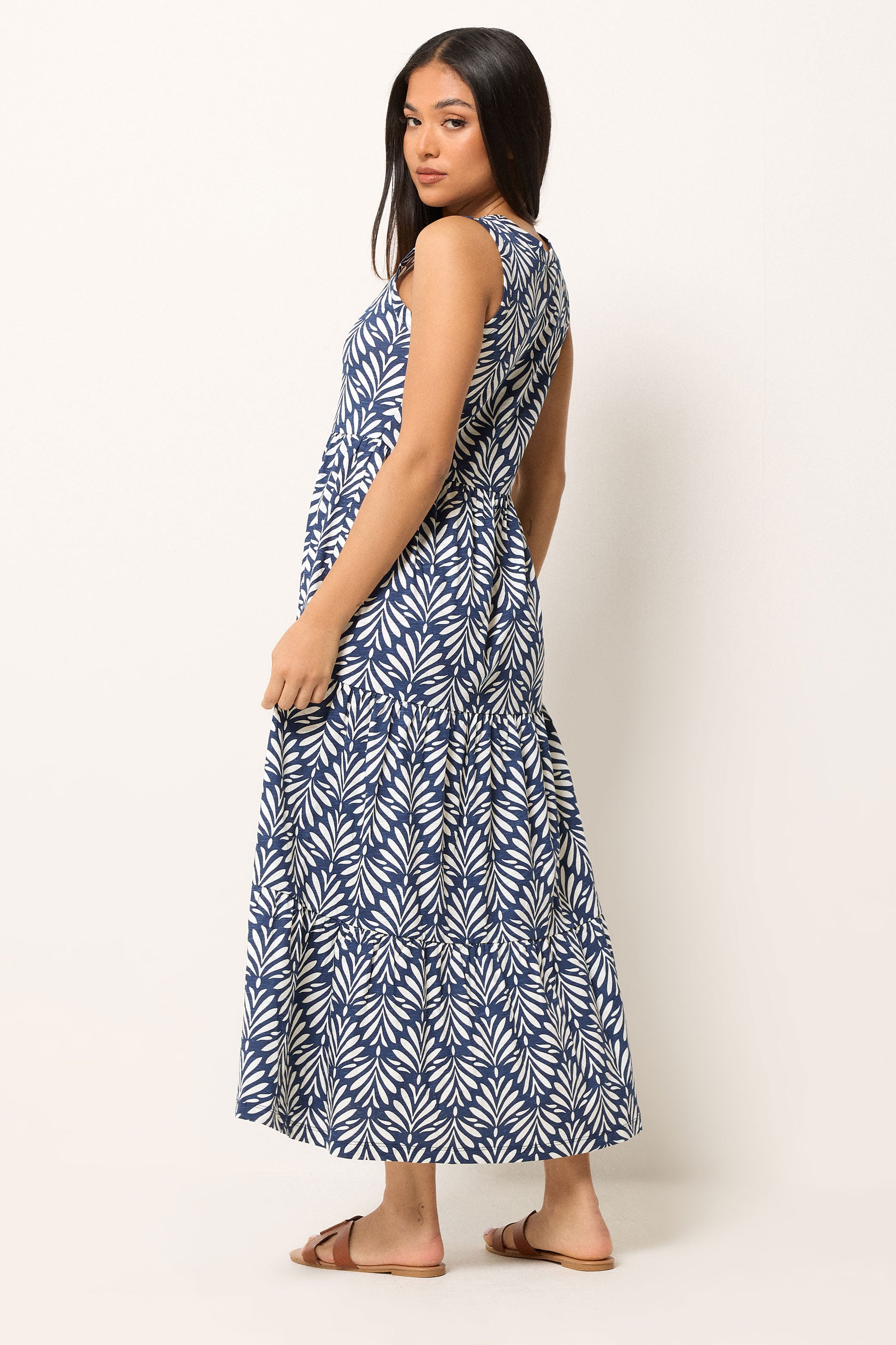 M&Co Petite Navy Blue Leaf Print Tiered Cotton Maxi Dress | M&Co 2