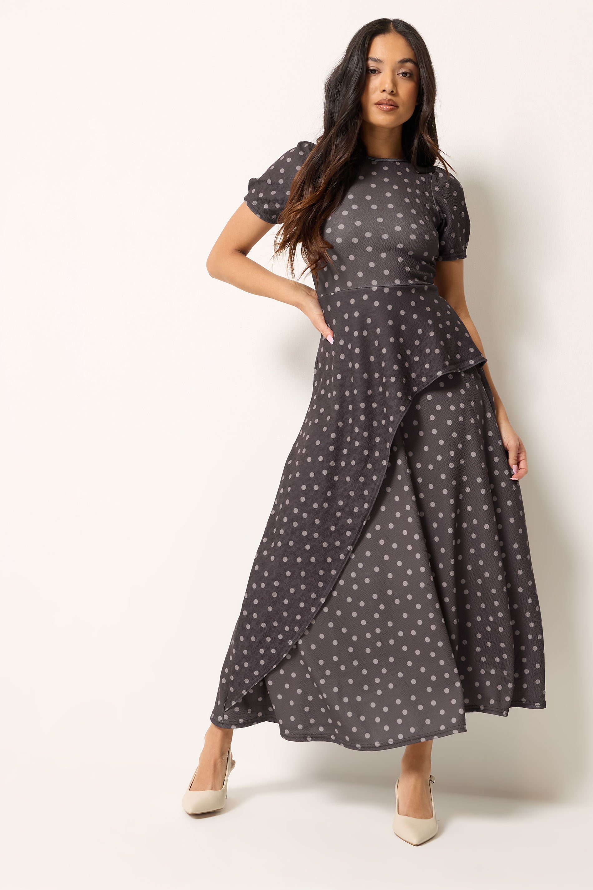 PixieGirl Petite Women's Chocolate Brown Polka Dot Maxi Dress | PixieGirl 1