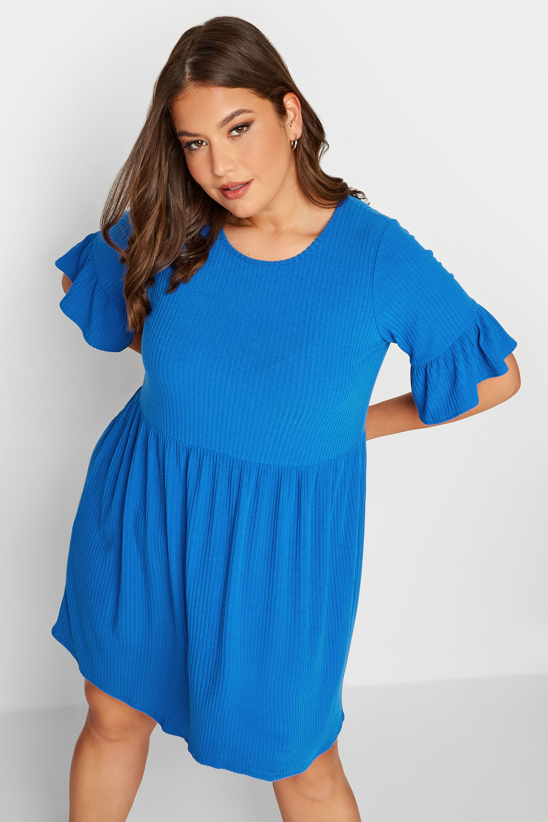 YOURS Curve Plus Size Cobalt Blue Frill Sleeve Tunic Dress 1