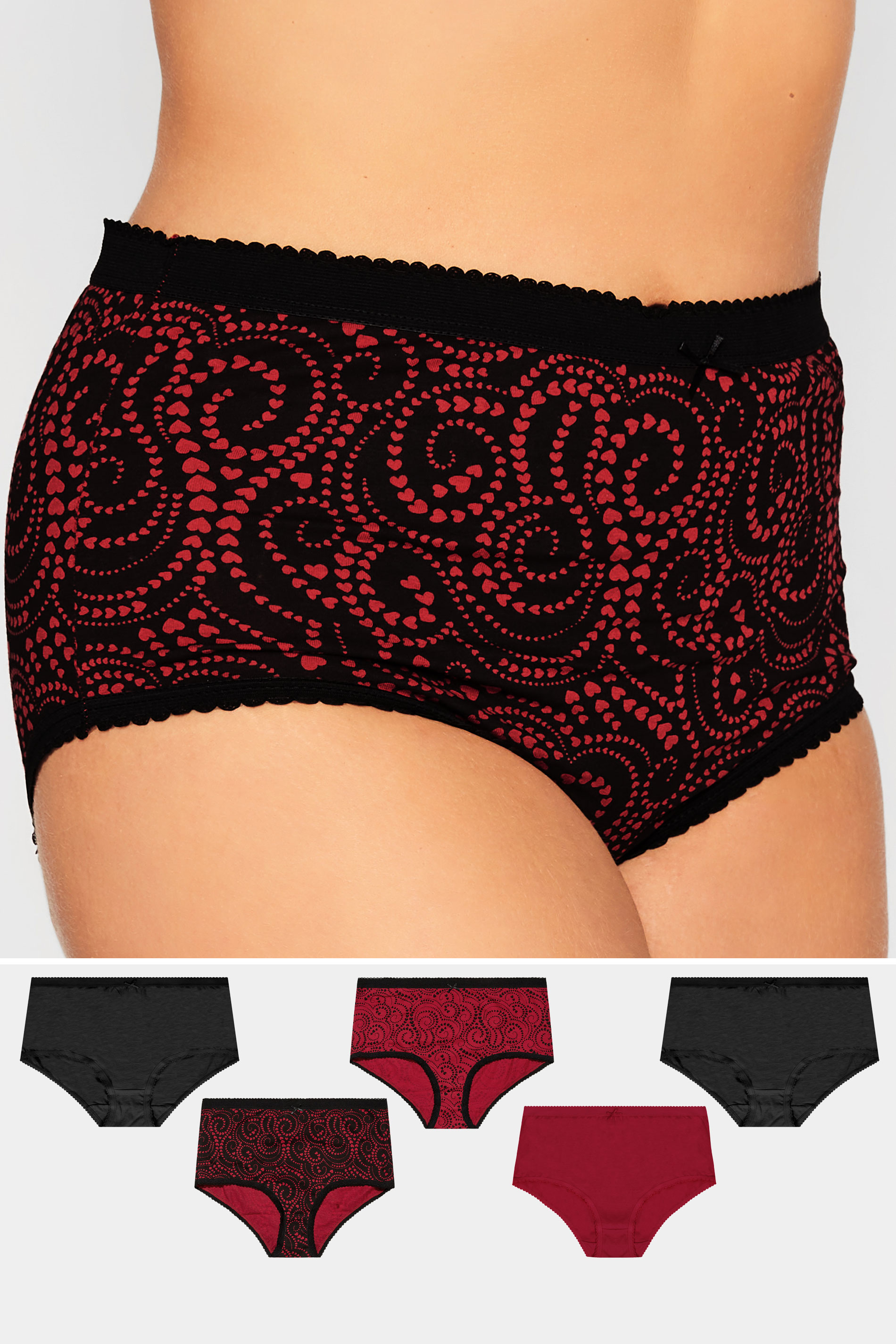 5 PACK Red Swirl Heart Print High Waisted Full Briefs | Yours Clothing 1