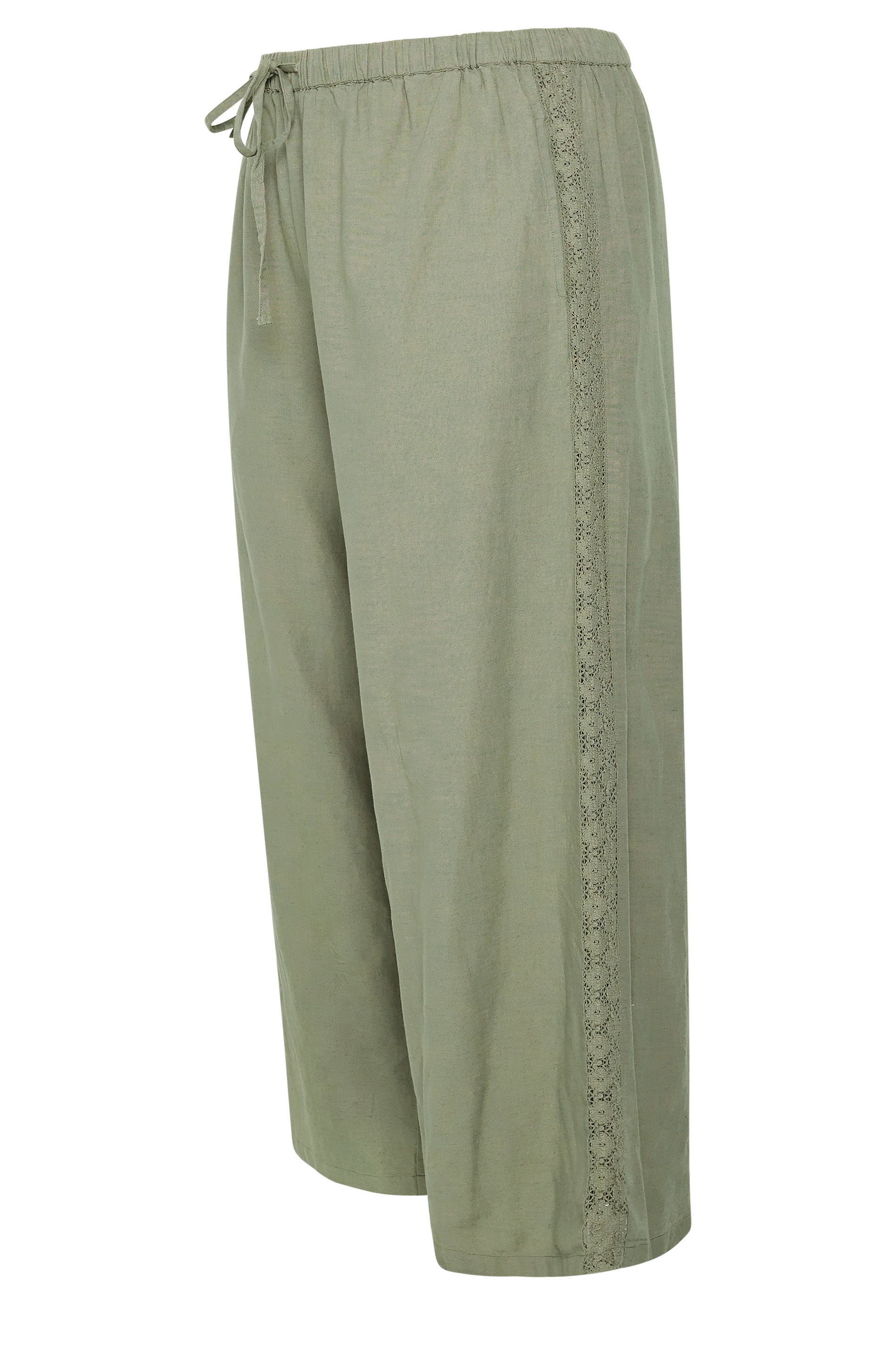 YOURS Plus Size Khaki Green Crochet Detail Linen Trousers | Yours Clothing 6