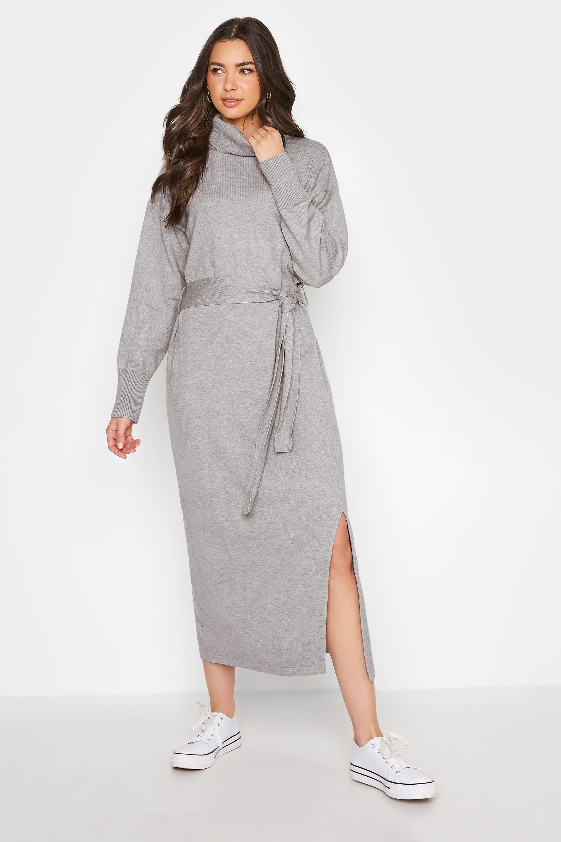 LTS Tall Grey Roll Neck Knitted Midi Dress 1