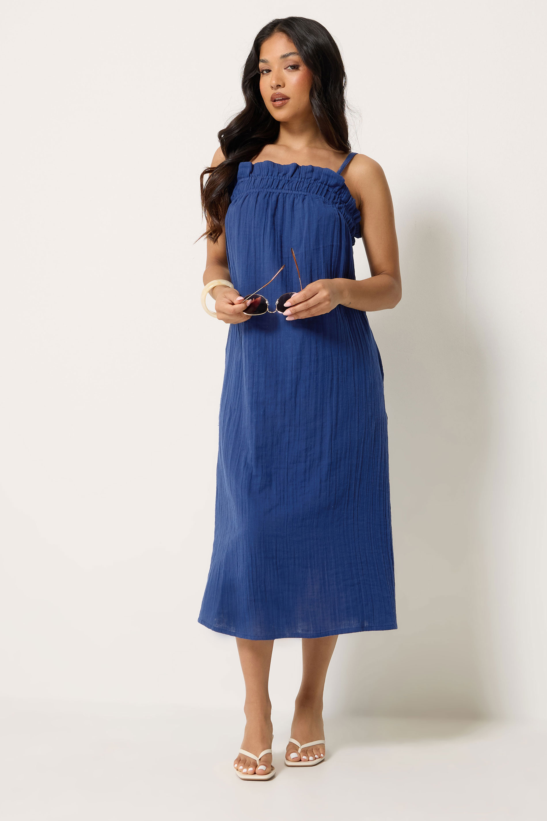 PixieGirl Petite Women's Navy Blue Cotton Cheesecloth Maxi Dress | PixieGirl 1