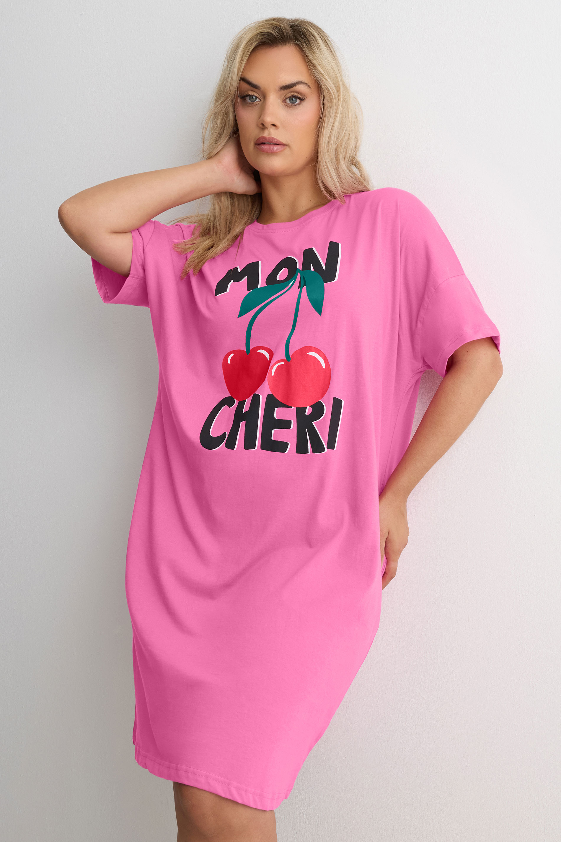 YOURS Plus Size Pink 'Mon Cheri' Sleep Tee Nightdress | Yours Clothing 3