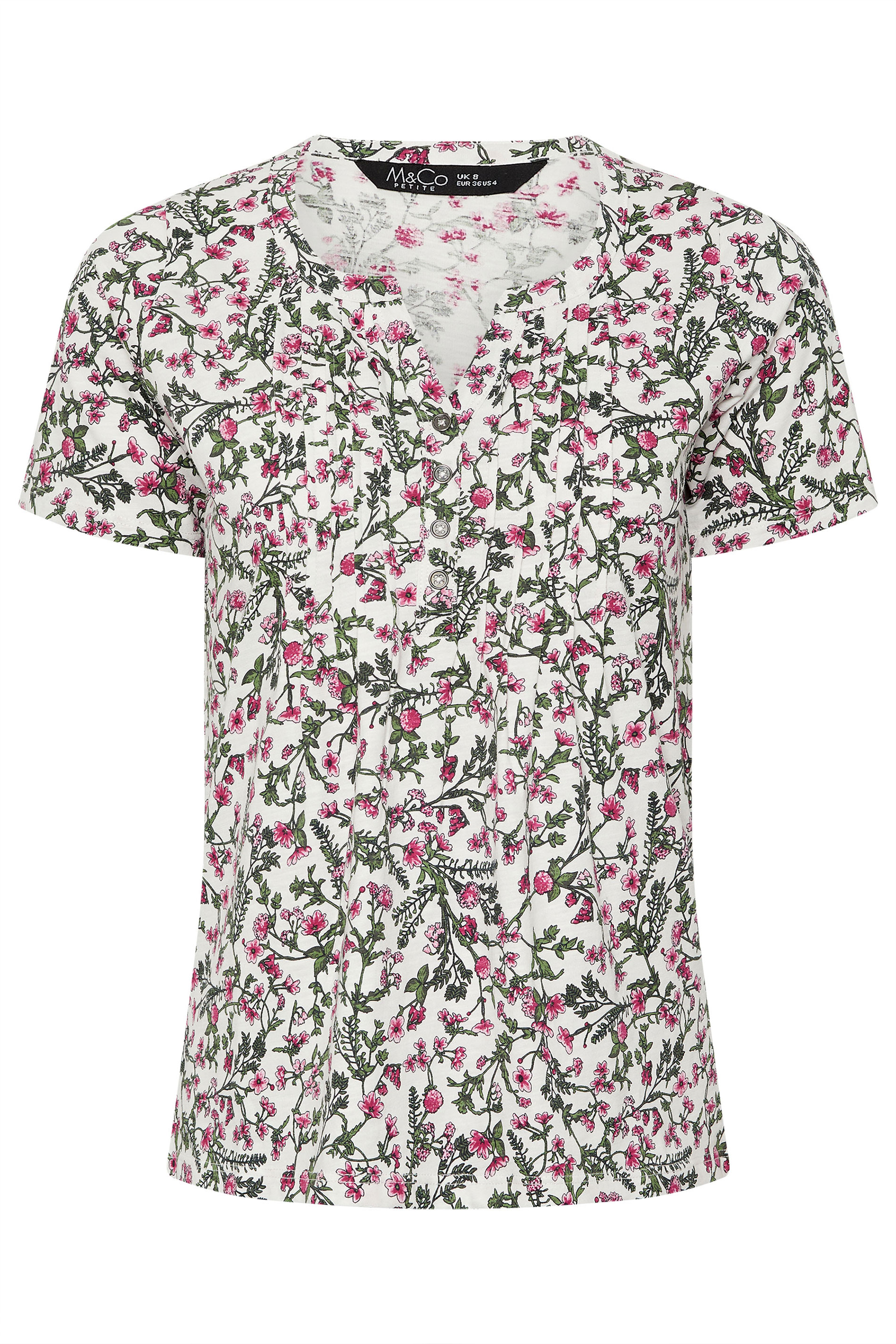 M&Co Petite White & Pink Floral Short Sleeve Cotton Henley Top | M&Co 5