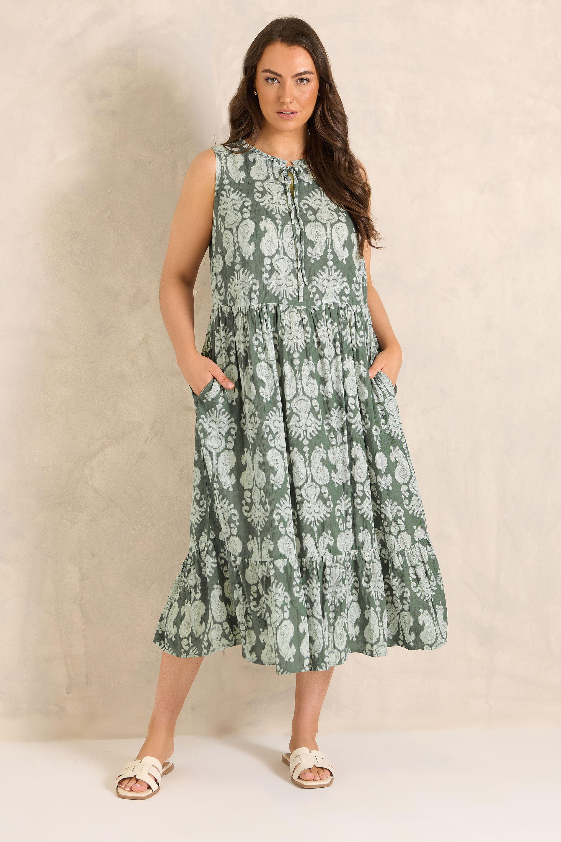 EVANS Plus Size Green Abstract Print Tie Neck Maxi Dress | Evans 1