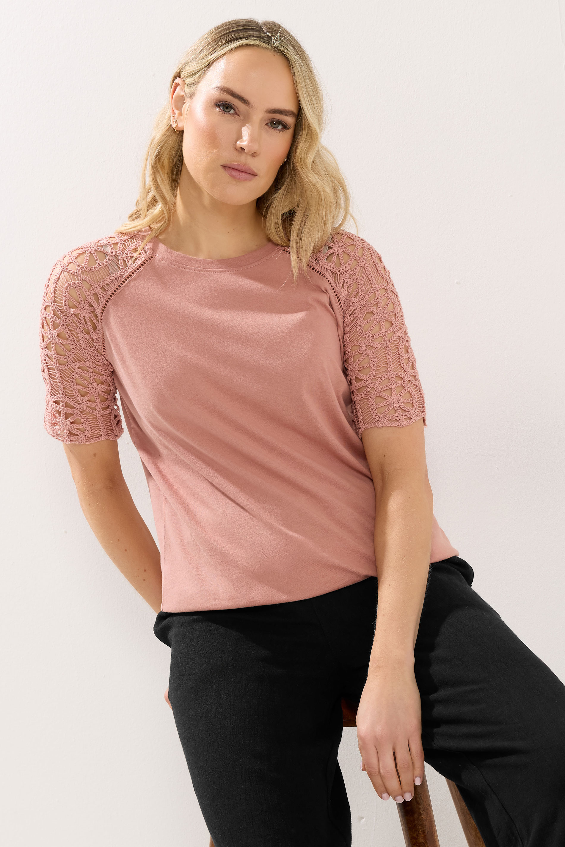 LTS Tall Women's Pink Crochet Raglan Cotton T-Shirt | Long Tall Sally 3