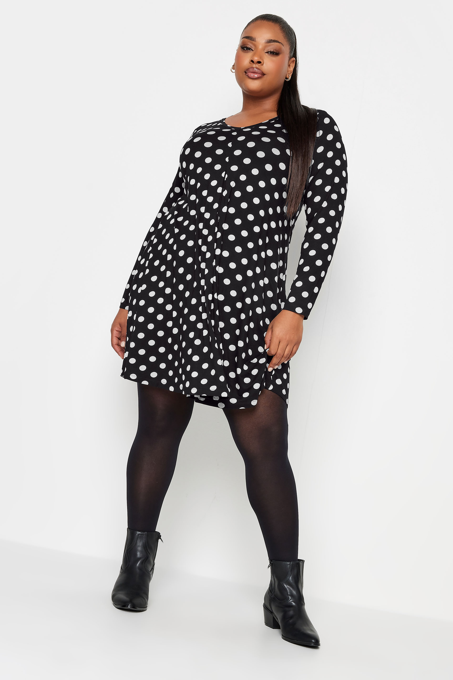 YOURS Plus Size Black Polka Dot Print Swing Mini Dress | Yours Clothing 2