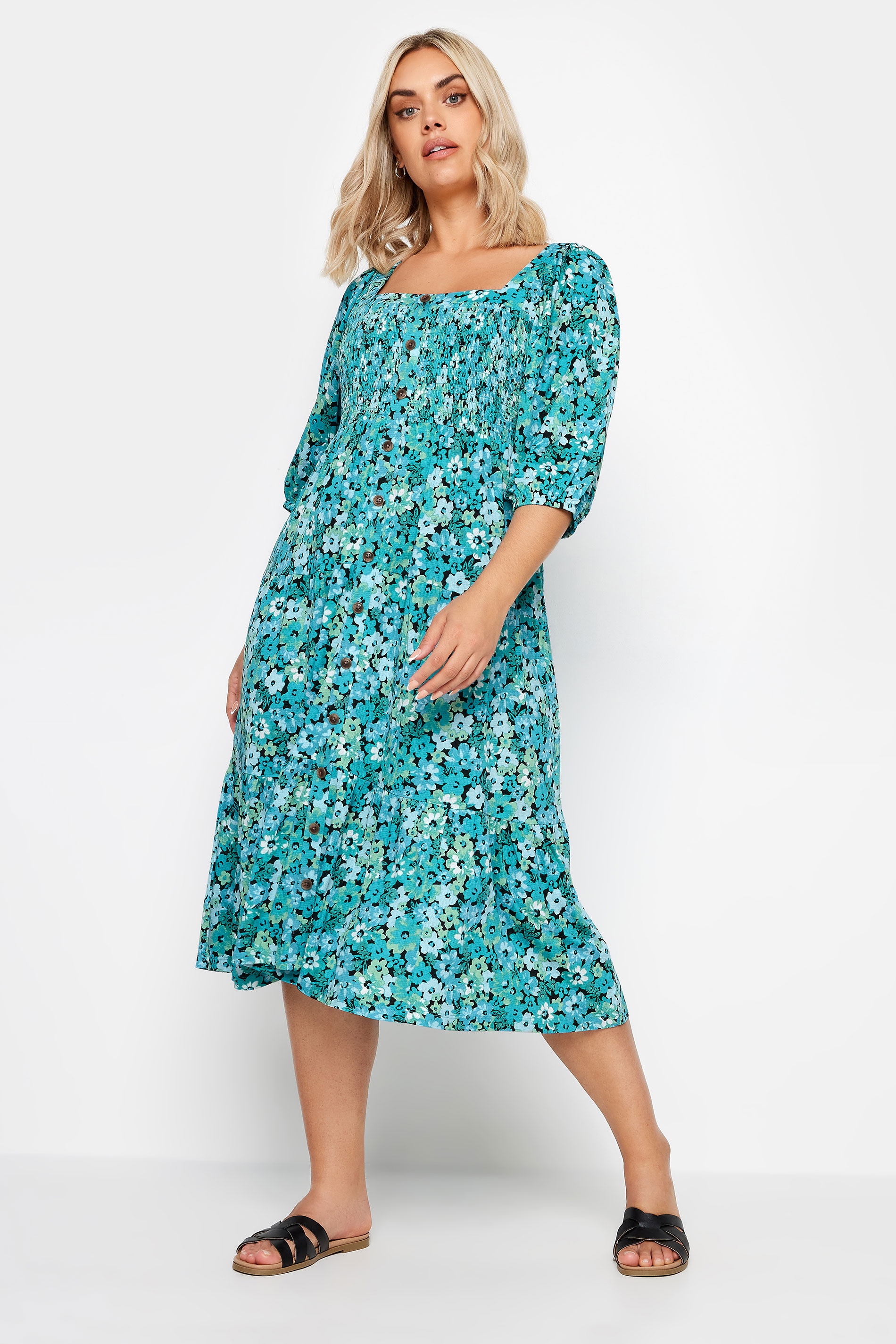 YOURS Plus Size Blue Floral Print Tiered Midi Dress | Yours Clothing 2