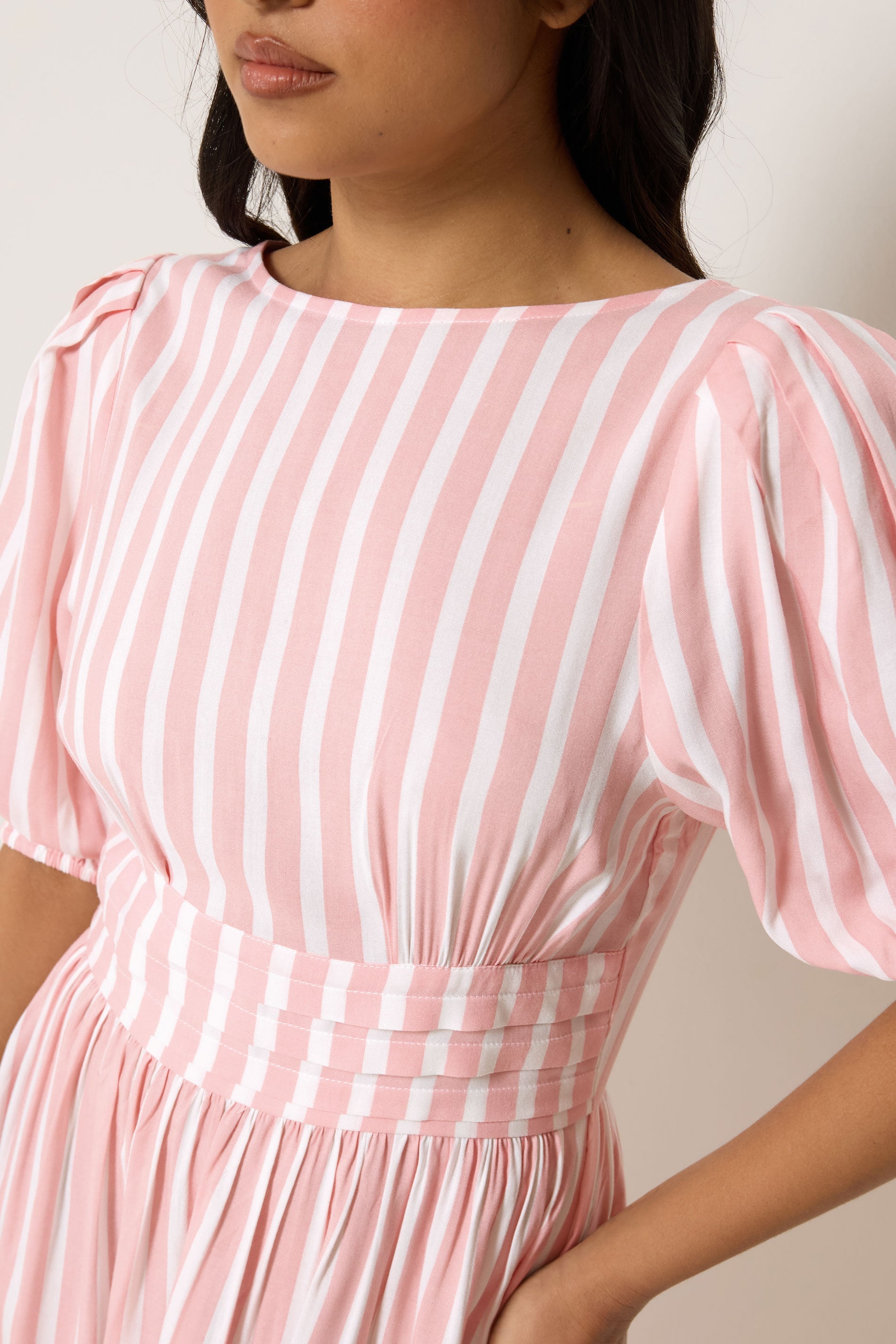 PixieGirl Petite Women's Pink Stripe Puff Sleeve Midi Dress | PixieGirl 4