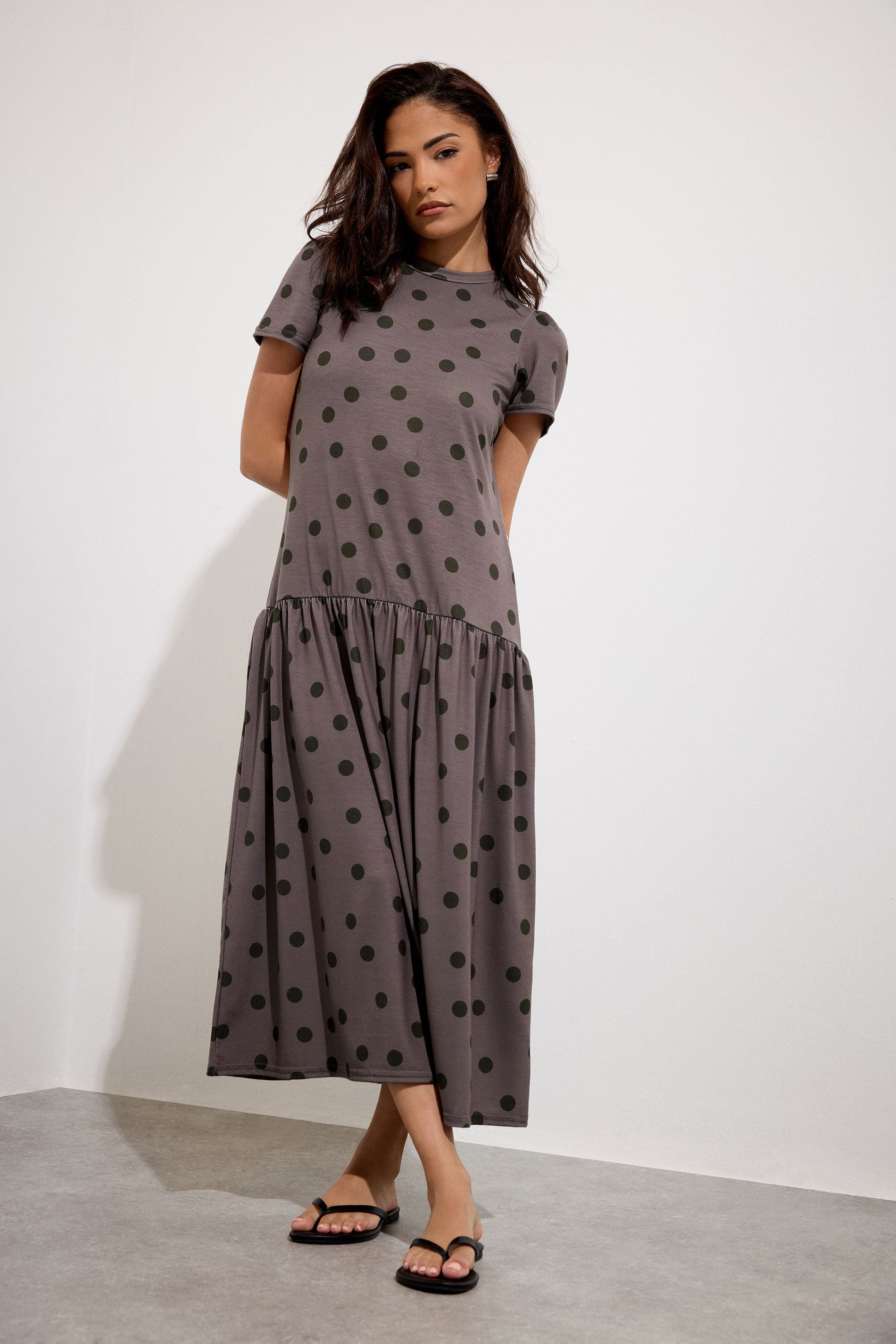 PixieGirl Petite Women's Chocolate Brown Polka Dot Drop Waist Maxi Dress | PixieGirl 3