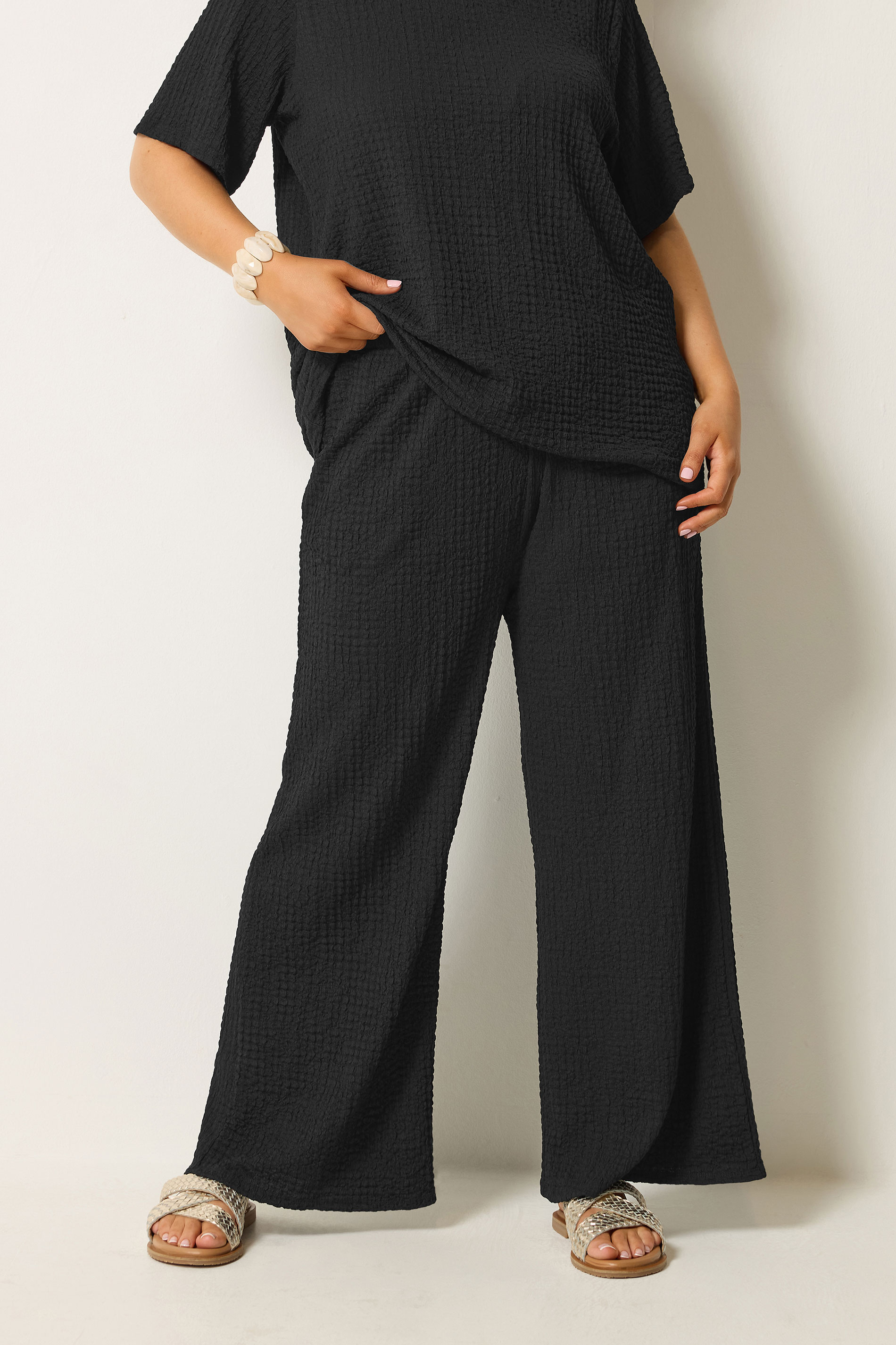 YOURS Plus Size Black Bubble Texture Wide Leg Trousers | Yours Clothing 3