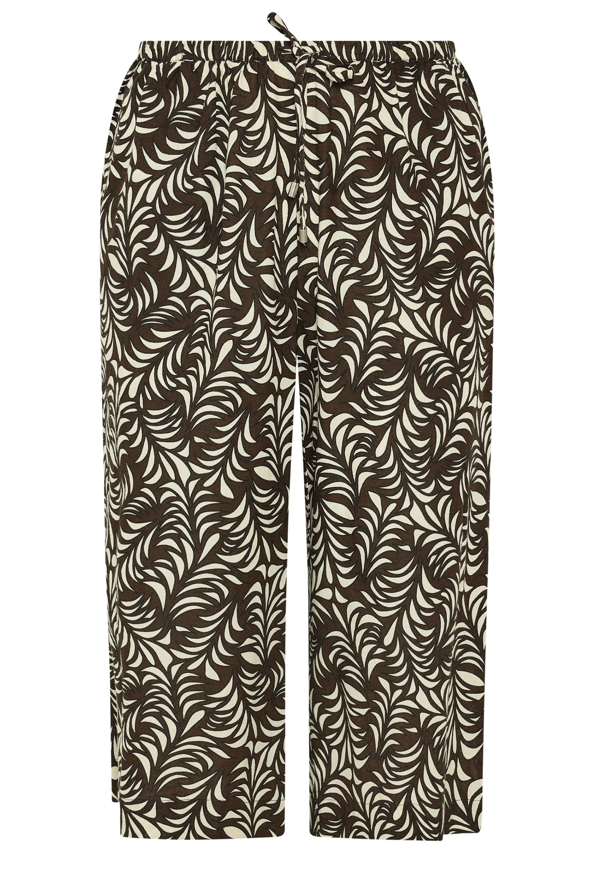 EVANS Plus Size Brown Leaf Print Linen Cropped Trousers | Evans 7