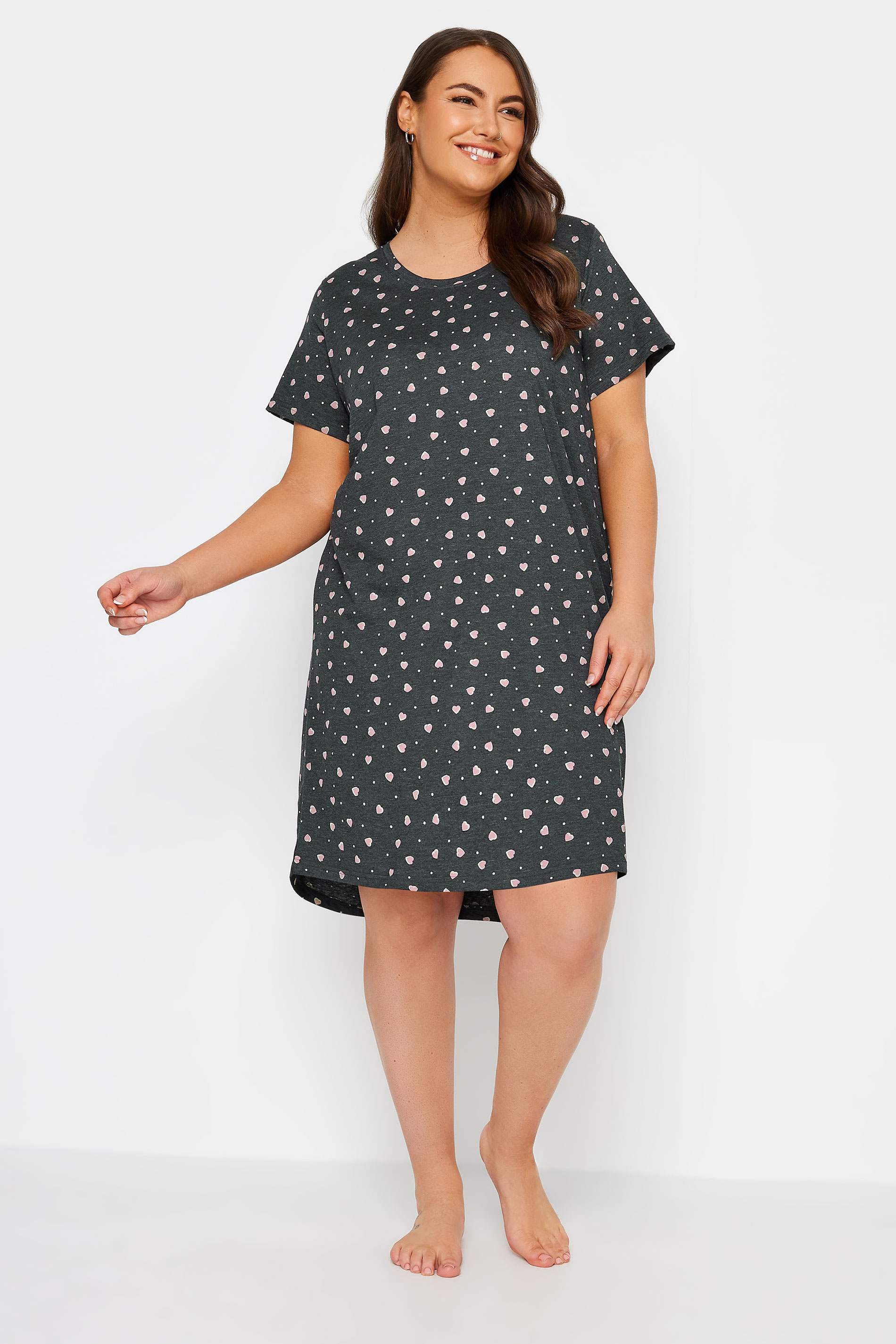YOURS Plus Size Charcoal Grey Heart Print Nightdress | Yours Clothing 2