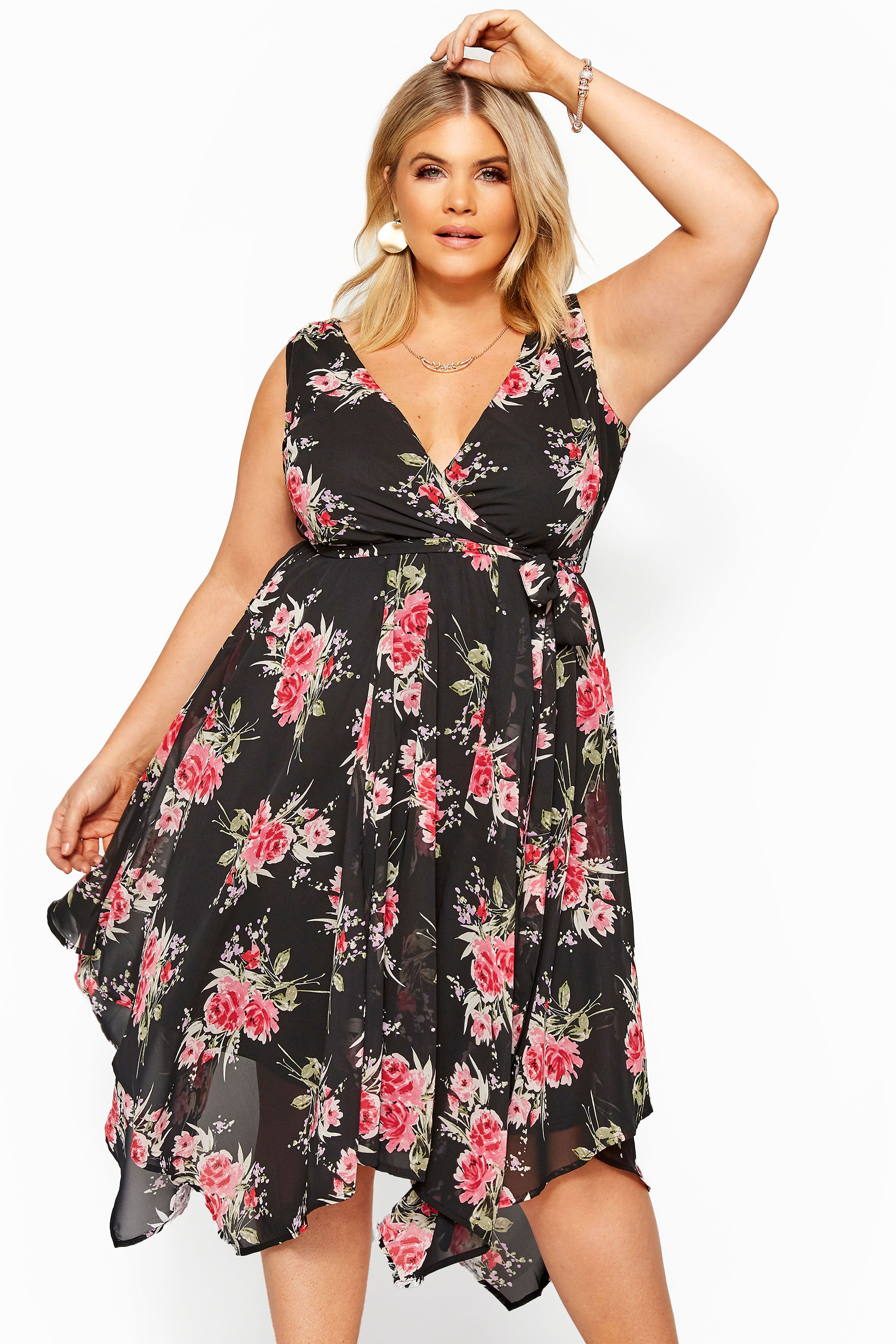 Black And Pink Floral Hanky Hem Dress Yours Clothing 