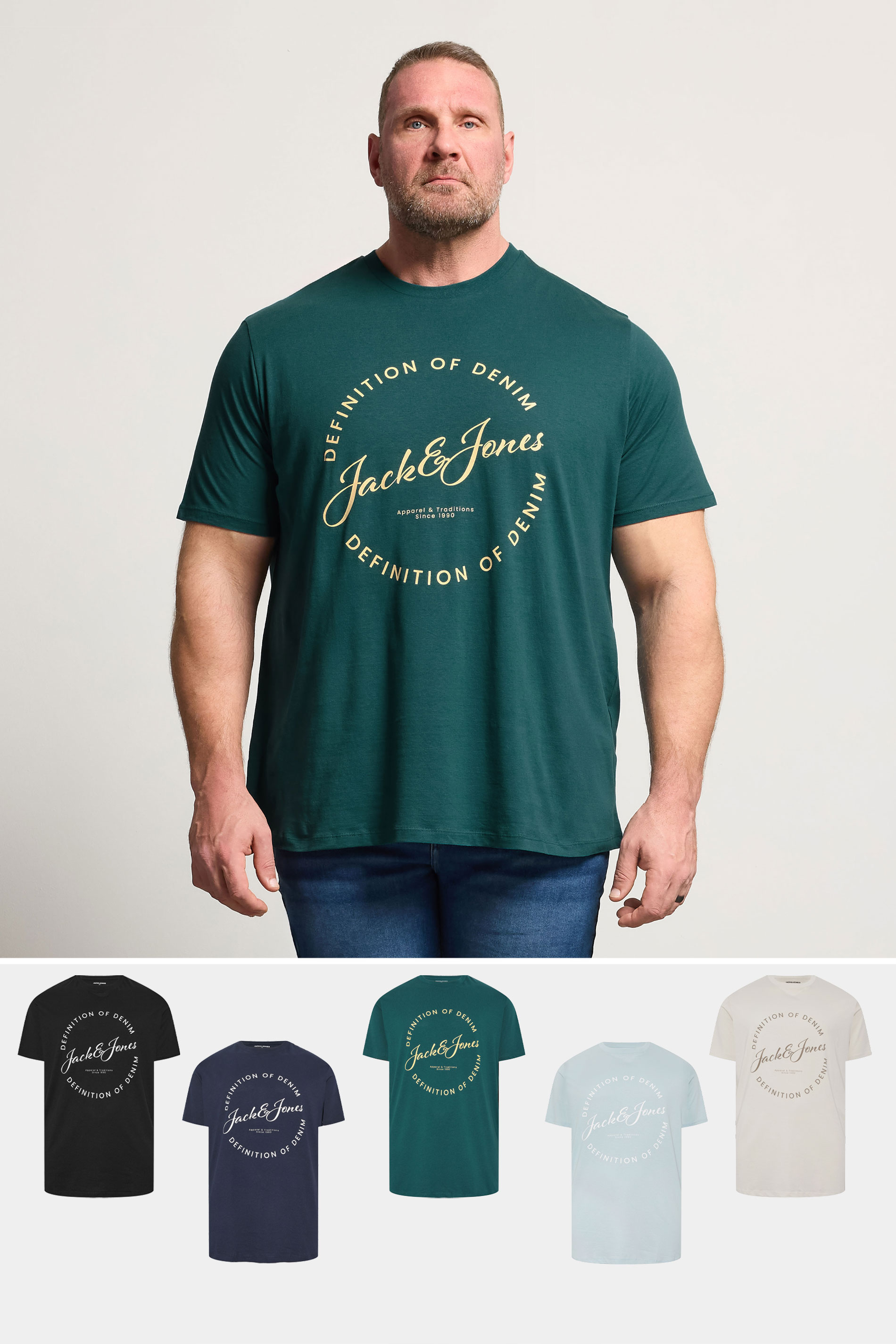 JACK & JONES Big & Tall 5 PACK Blue/Navy Blue/Green/Off-White/Black T-Shirts | BadRhino 1