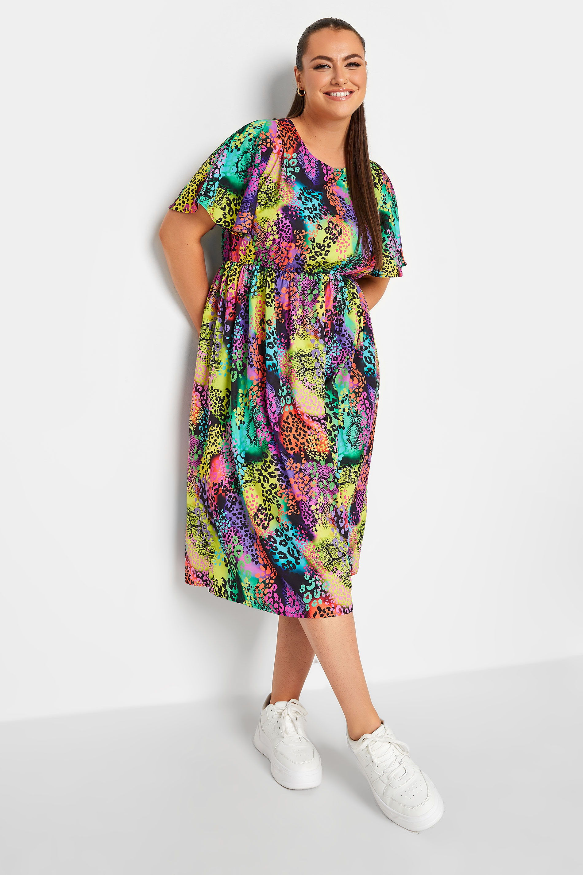 YOURS Curve Plus Size Black Rainbow Leopard Print Midi Dress | Yours Clothing  1